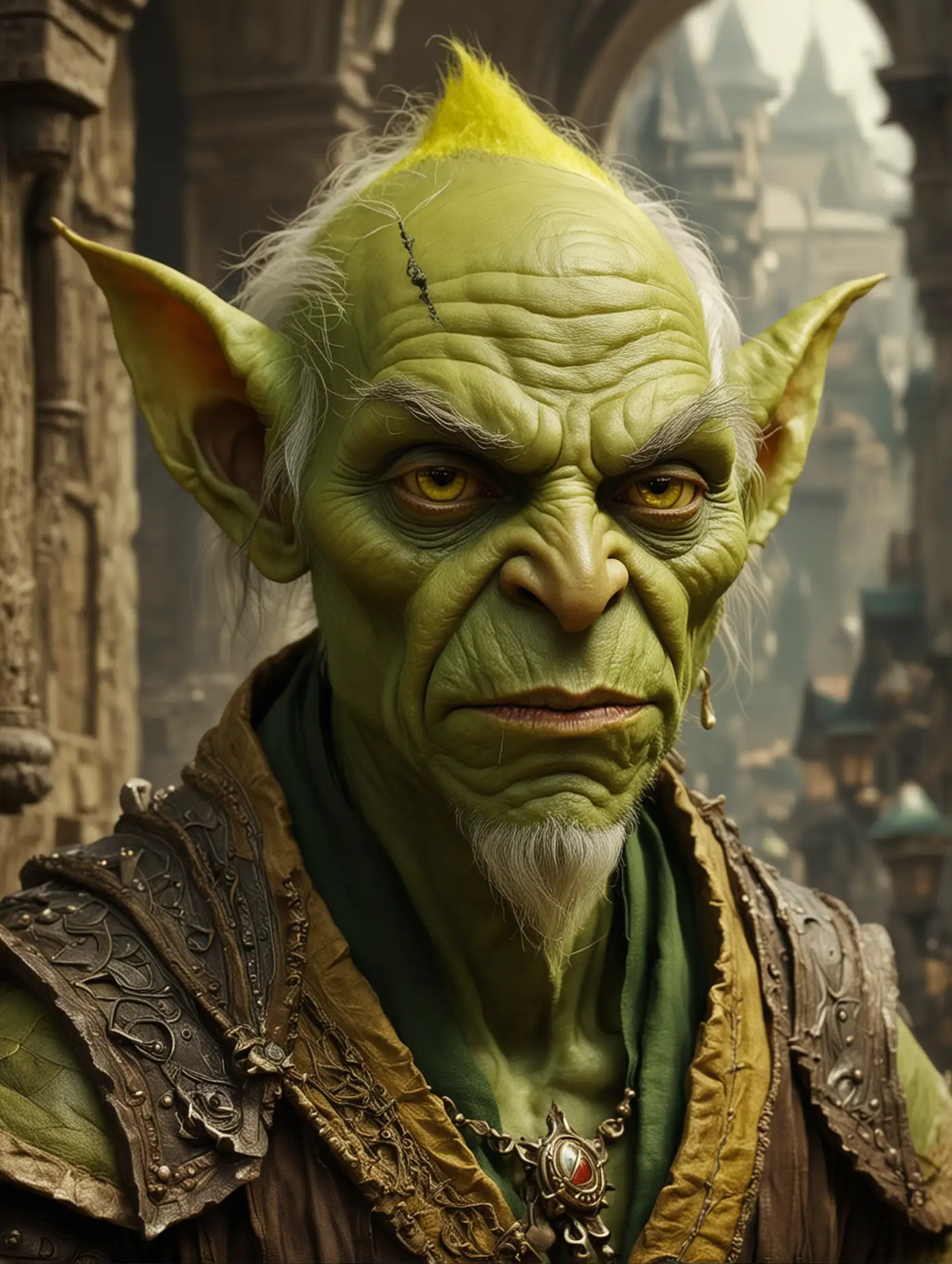 Yellow/green skinned goblin, stately garb in a haigh fantasy setting. Resembles Benjamin Netnayahu.