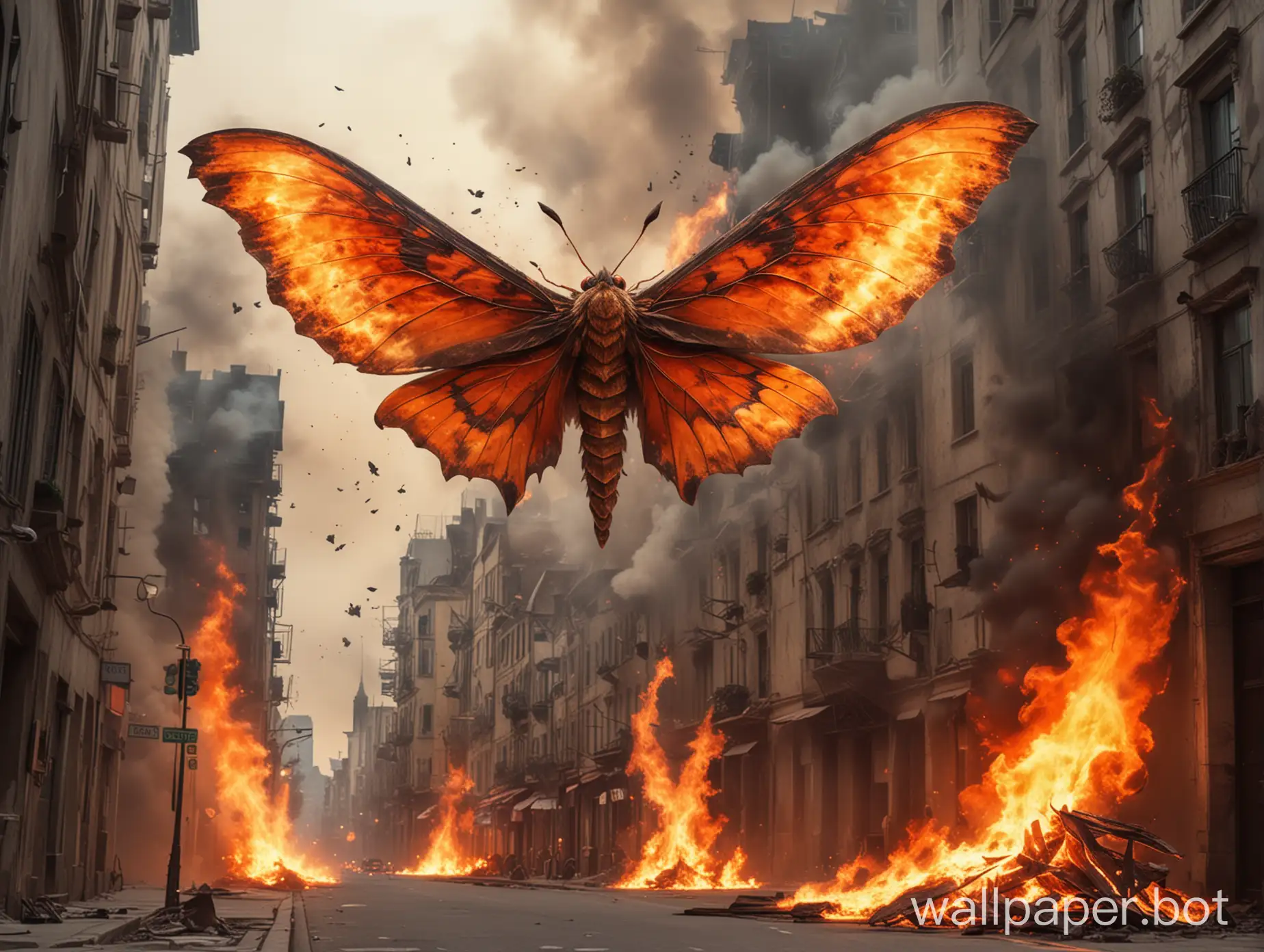A giant moth with fiery wings flies over the city, wings are on fire, buildings on the street are burning