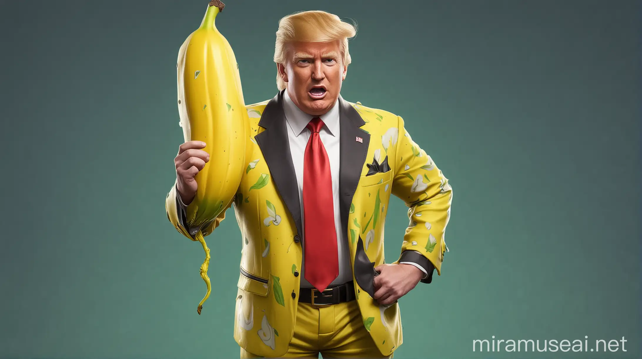 Fornite style Donald Trump wearing a banana suit with bright green Fortnite background