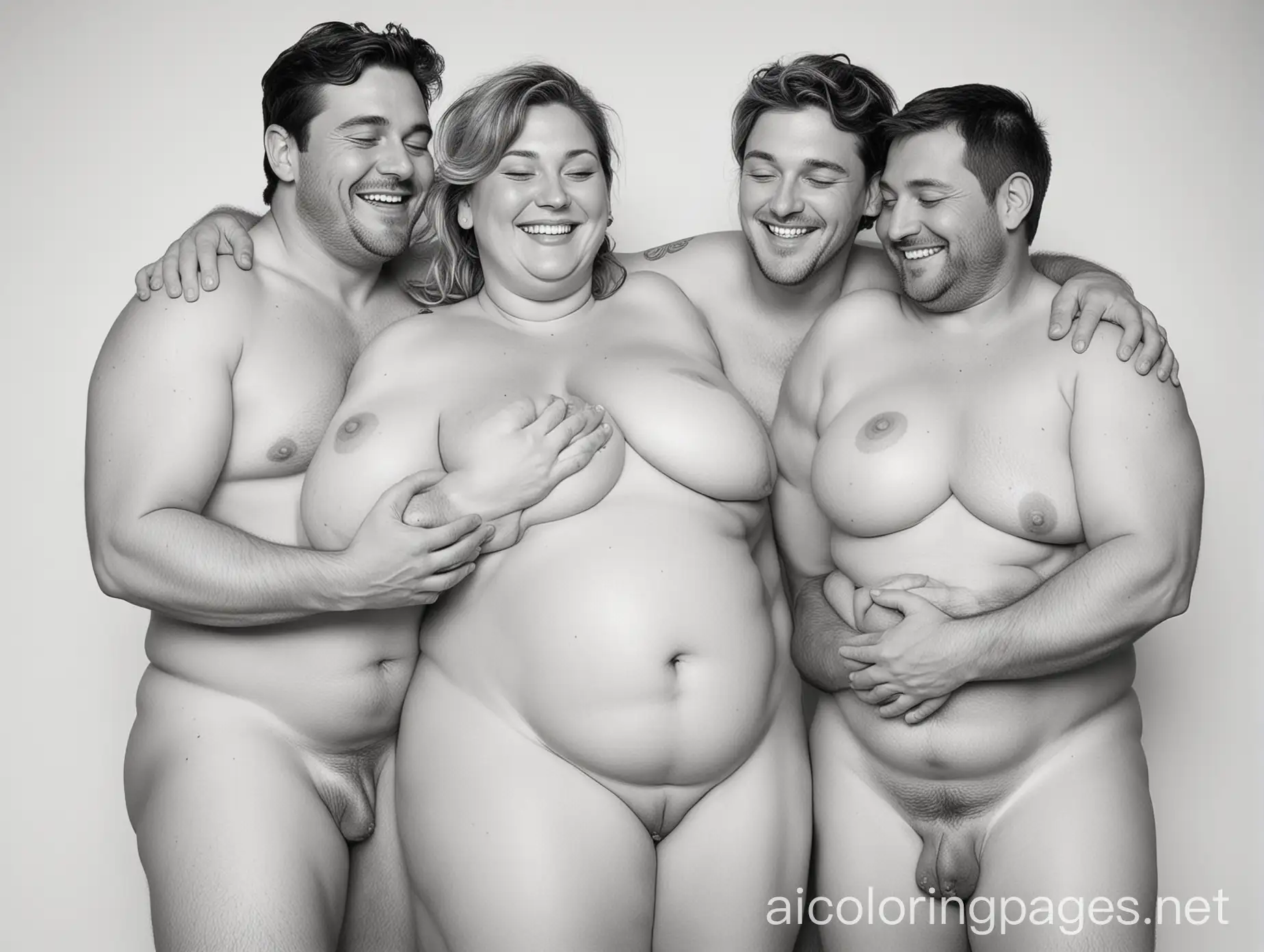 Naked fat woman cuddles with two men, all smiles, Coloring Page, black and white, line art, white background, Simplicity, Ample White Space. The background of the coloring page is plain white to make it easy for young children to color within the lines. The outlines of all the subjects are easy to distinguish, making it simple for kids to color without too much difficulty