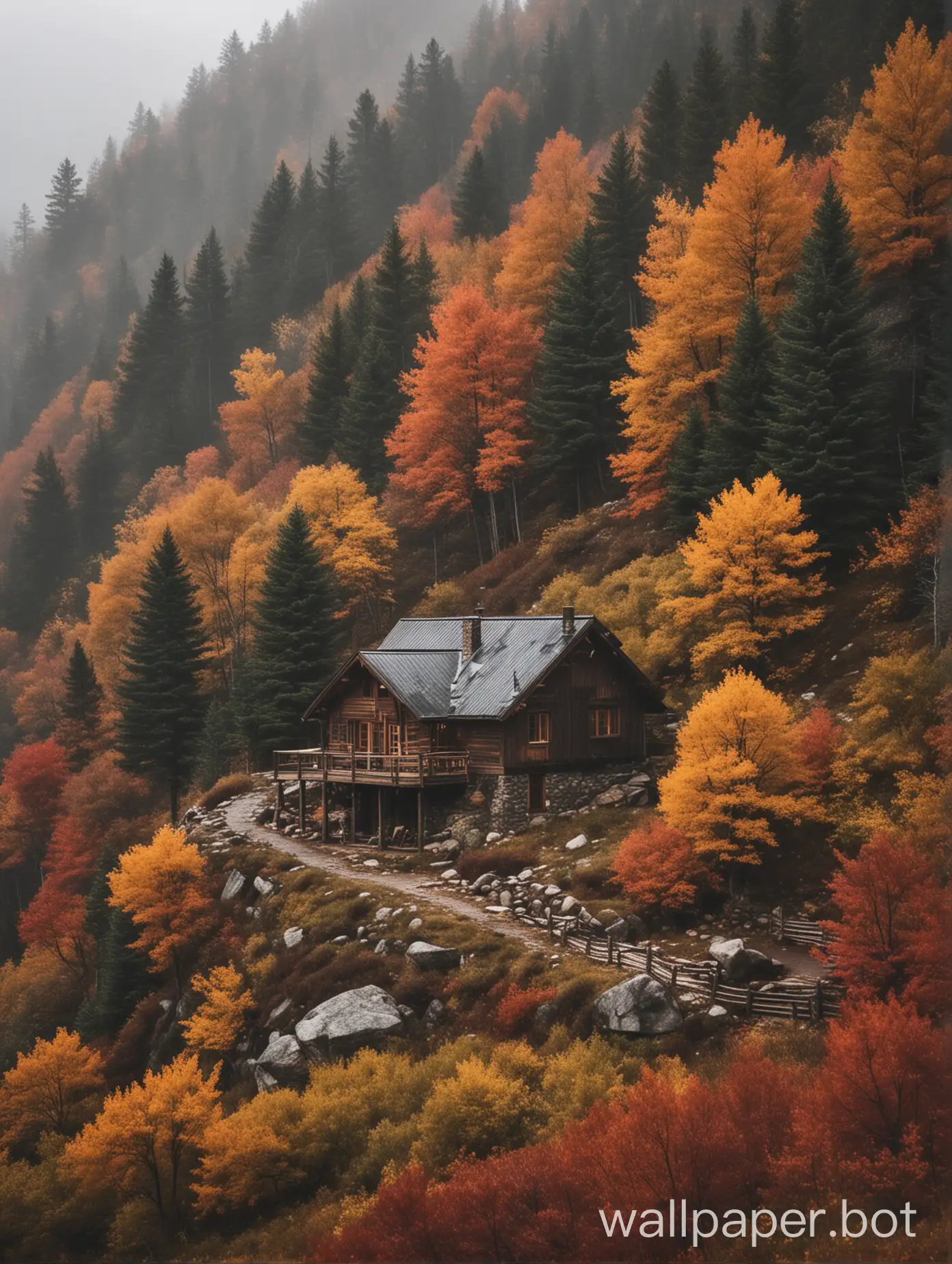Cozy-Mountain-Cabin-in-Autumn-Rain-Tranquil-Retreat-Amidst-Fall-Foliage