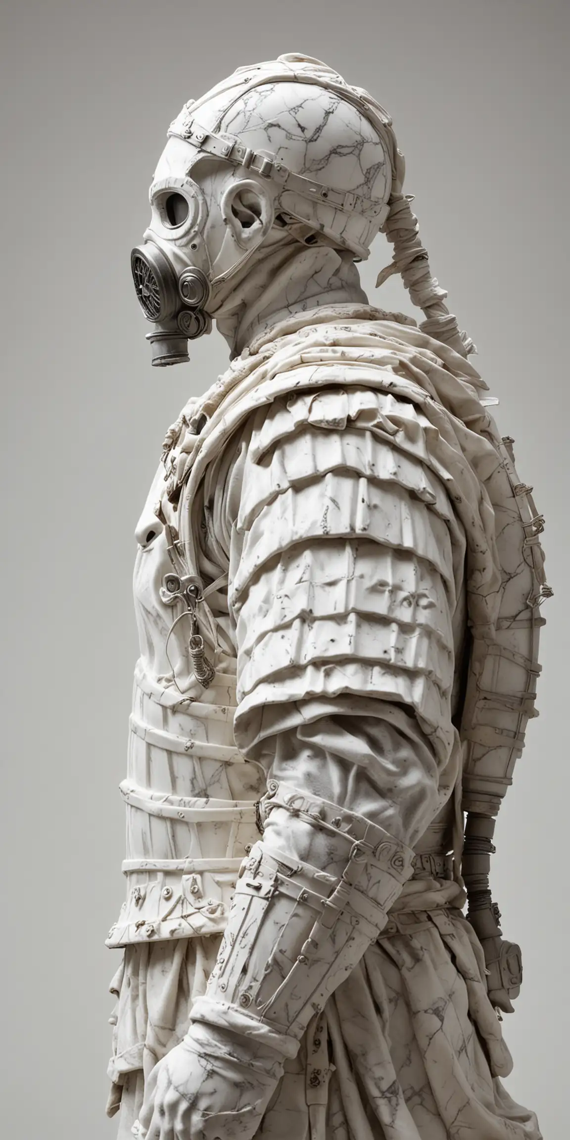 create a white marble statue of a  warrior, we see his profile, he is wearing a gas mask, the light comes from above, the background is plain white