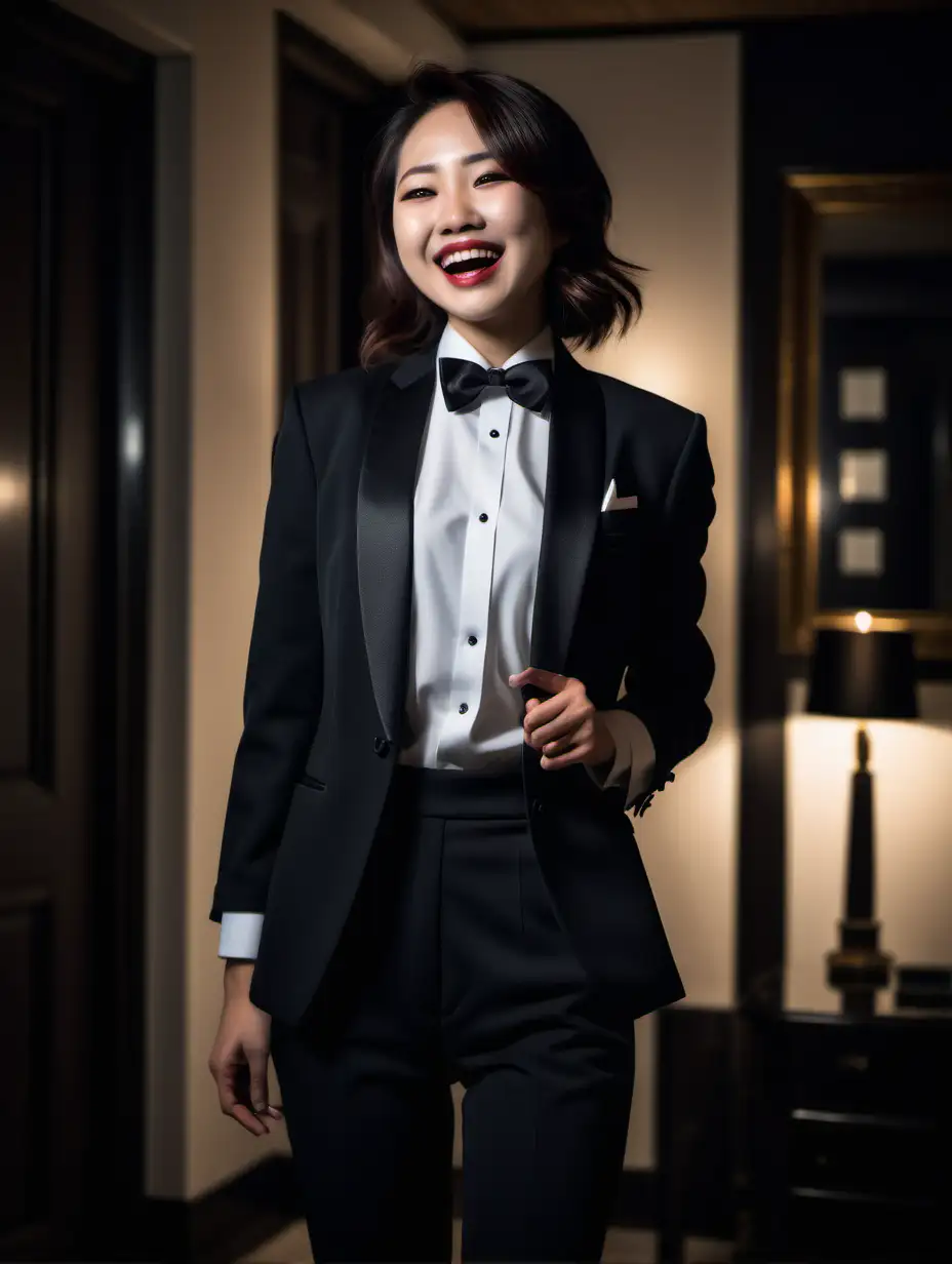 A stunning and cute and sophisticated and confident Japanese woman with shoulder length hair and lipstick wearing a tuxedo with a white shirt with cufflinks and a (black bow tie) and (black pants), standing in a dark room of a mansion facing forward, laughing and smiling. She is relaxed. It is night. (Her jacket is open)