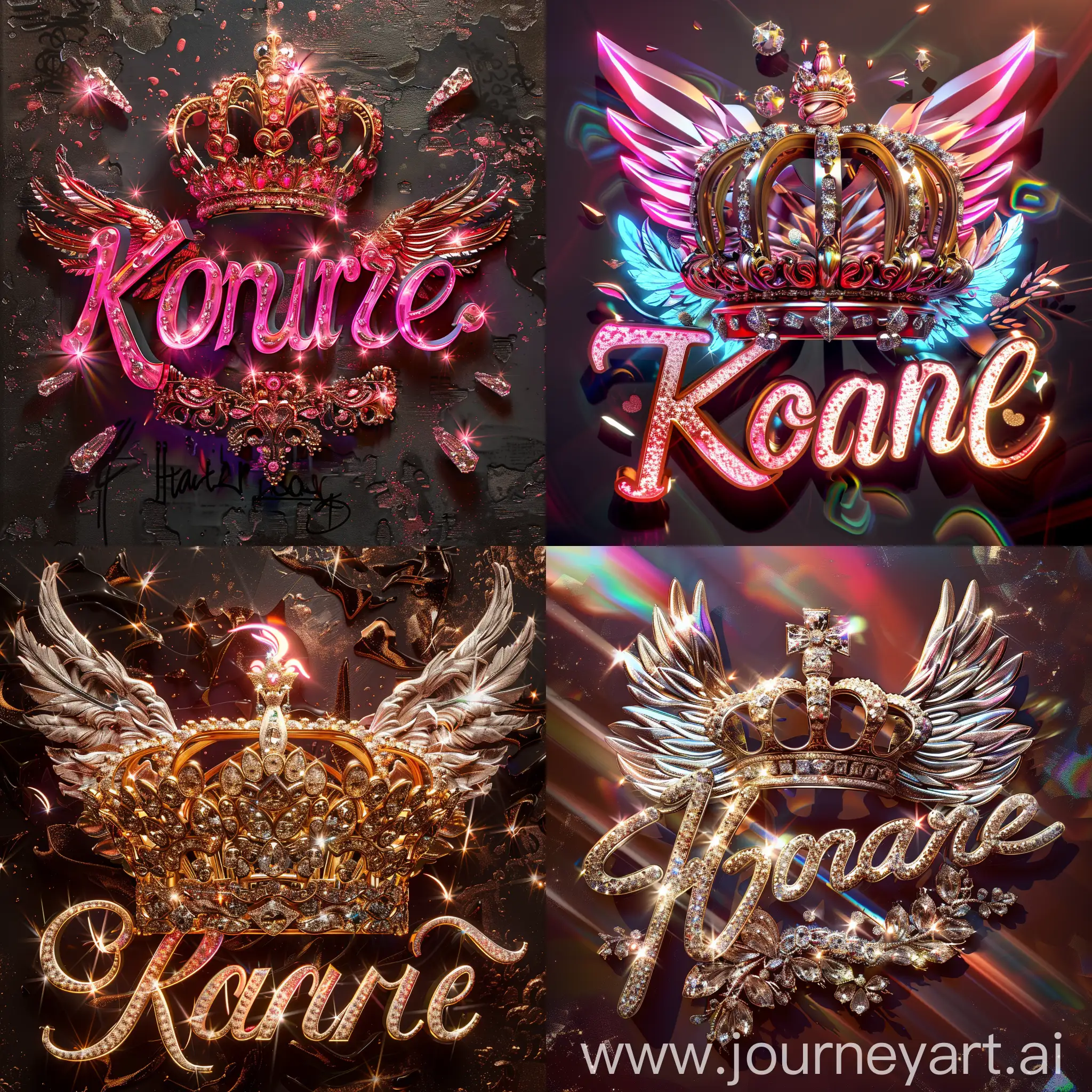 Elegant 3D typography with the name. "konaré" with an elegant crown and fine diamonds with sparkles of bright colors and angel wings, photo, typography, vibrantv0.1, graffiti, illustration, photo, product, fashion, poster