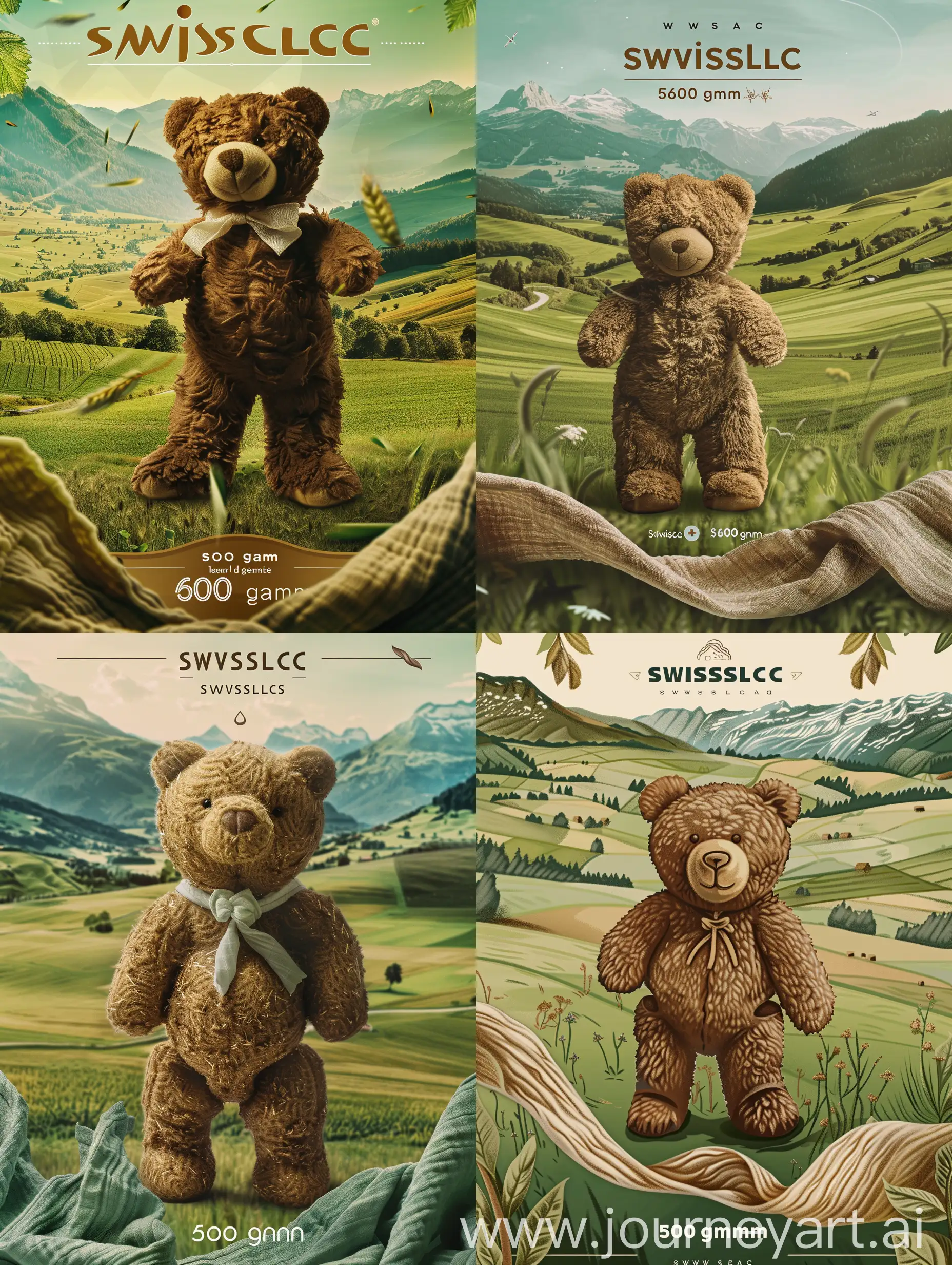 Packaging design for infant formula.Background: a teddy bear stands on a green meadow, with fields and mountains behind.Design elements: "swisslac" logo at the top, "600 gram" designation at the bottom, dynamic linen near the bear