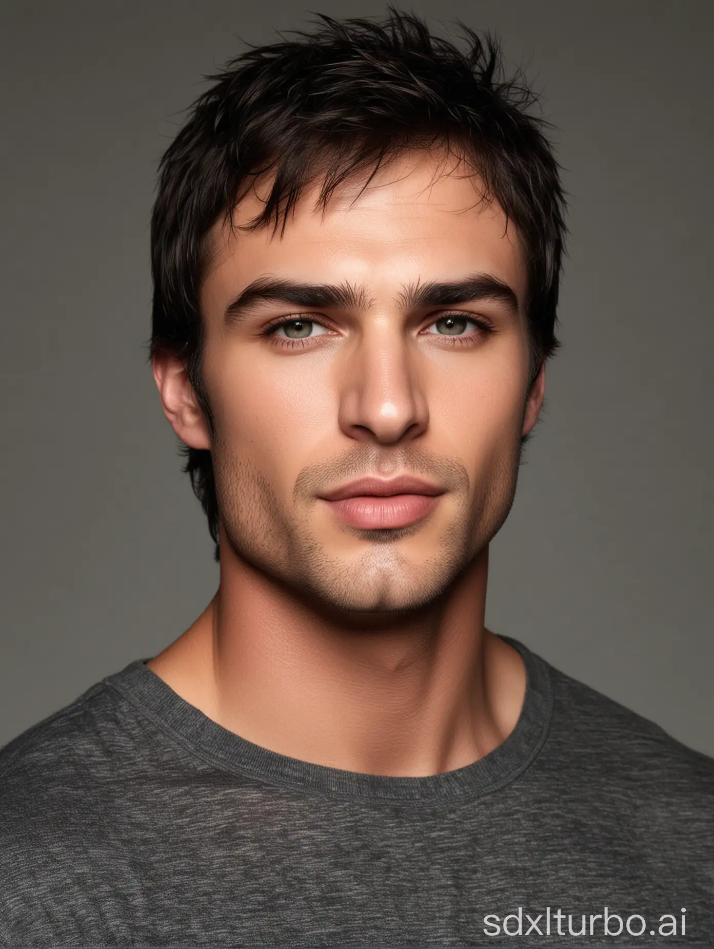 male model, realistic, features, oily skin, huge lips, face, masculine face traits, perfect nose,  look like ian somerhalder, bald