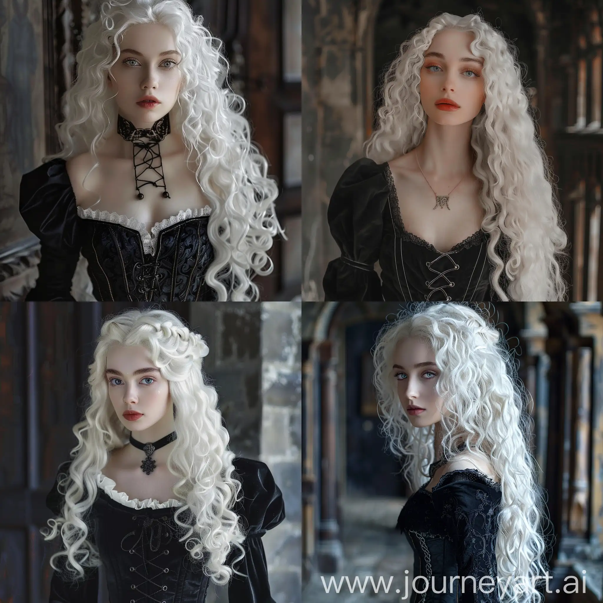 Girl: 20 years old: broad shoulders and hips: ample breasts: fair skin: long curly white hair: white eyelashes: black eye color: black medieval floor-length dress