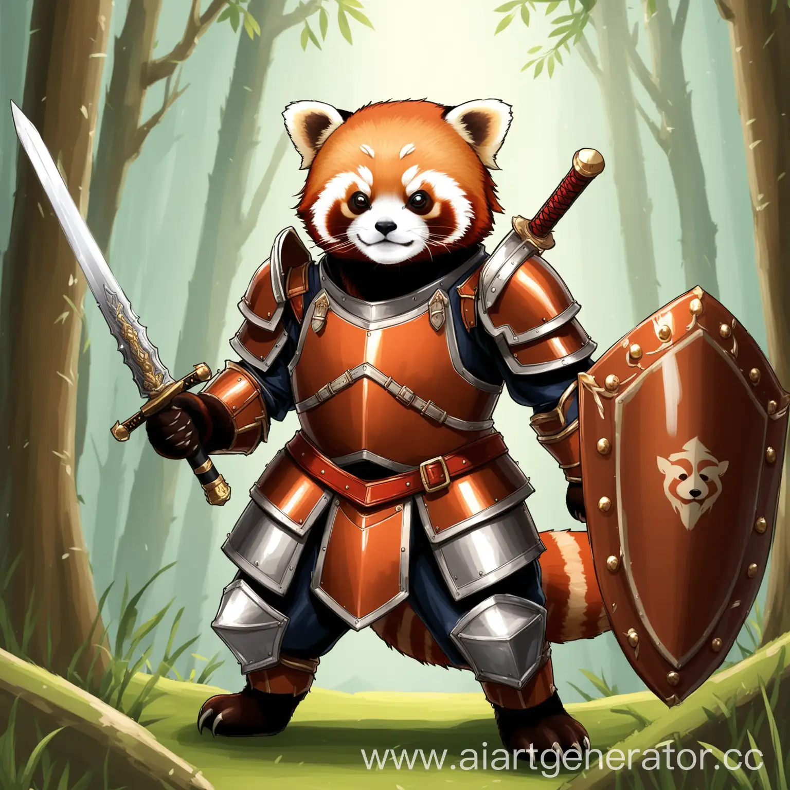 Красная панда в броне с мечом и щитом