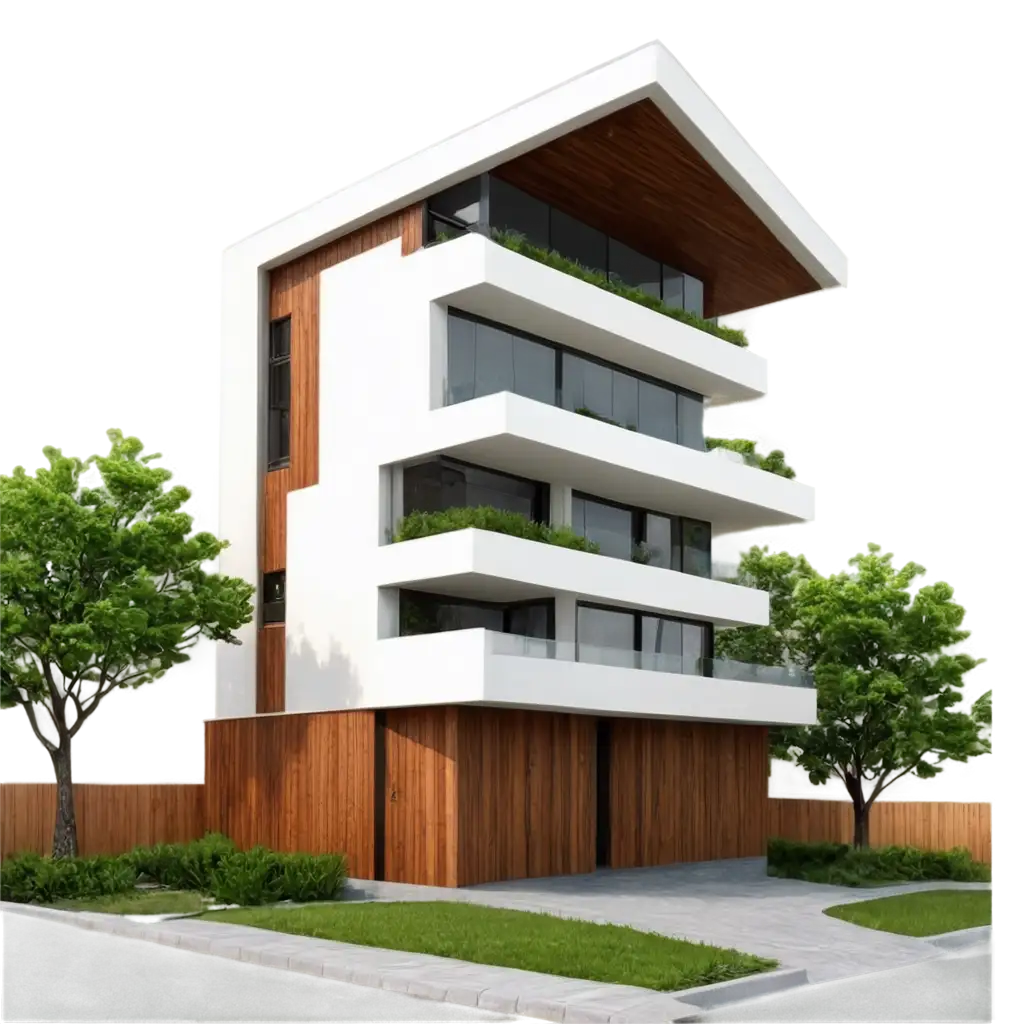 Create a modern architectural design of a multi-story residential building featuring clean lines, large windows, and a combination of white rendering and wooden cladding. Include balconies with metal railings and green plants for a touch of nature. The structure should have a flat roof and be rendered in high quality with transparent background to showcase its design details.