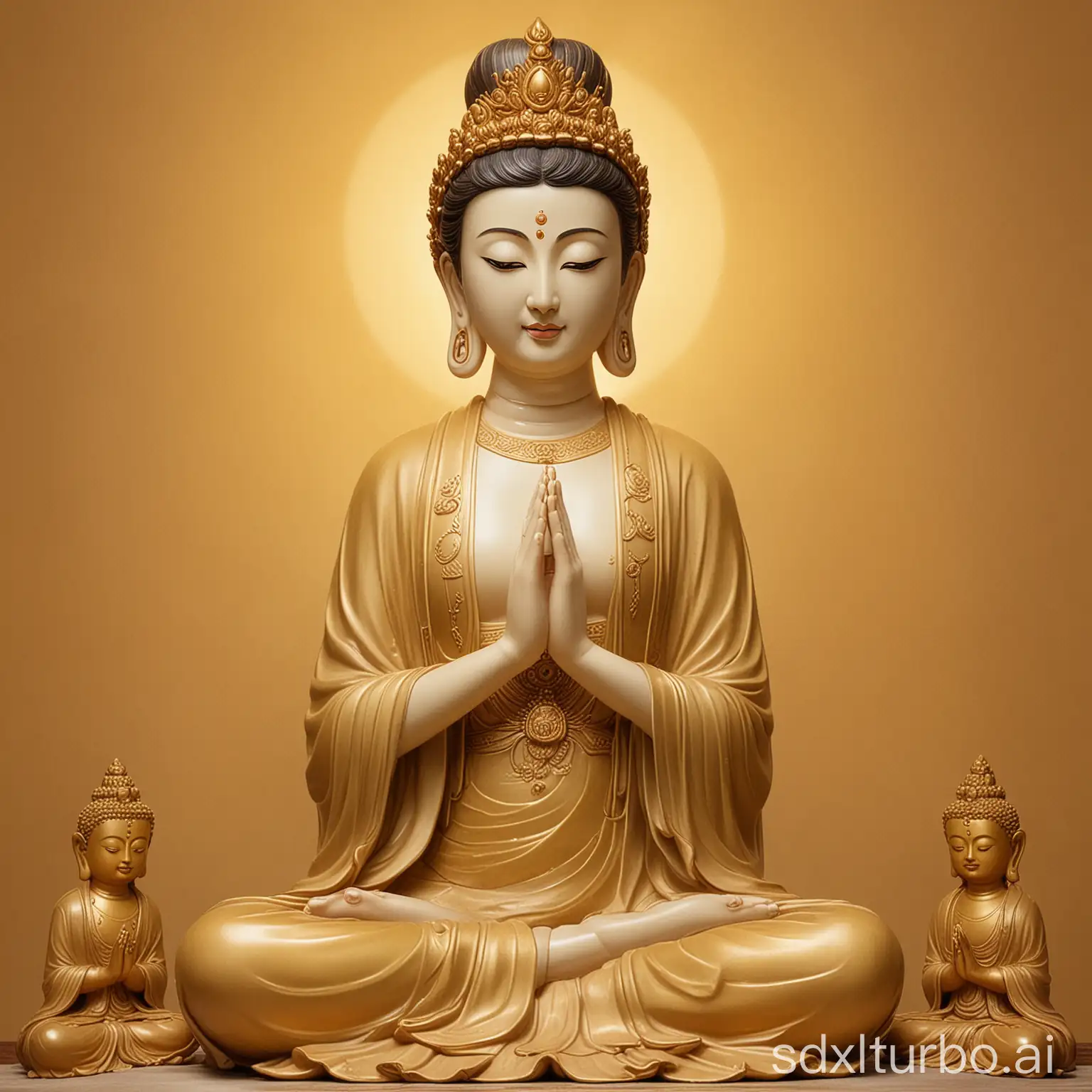 Guanyin Bodhisattva, hands clasped together, sitting cross-legged, with a backdrop of Buddha's radiance, golden background, full-body image, various gentle eyes, delicate features, beautiful face, upper body
