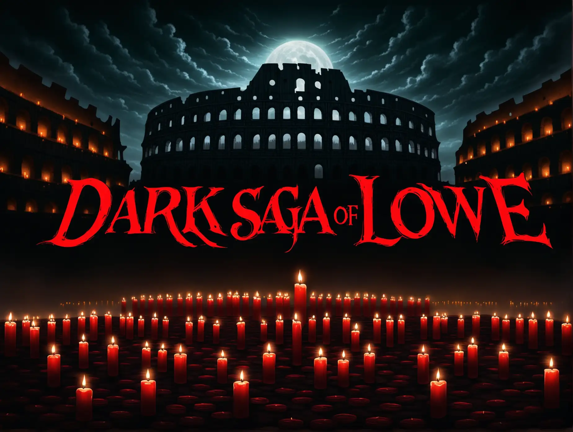 Dark screen with the inscription "Dark Saga of Love" in the center in red letters, candles, Coliseum in the background, gloomy atmosphere, dark fantasy