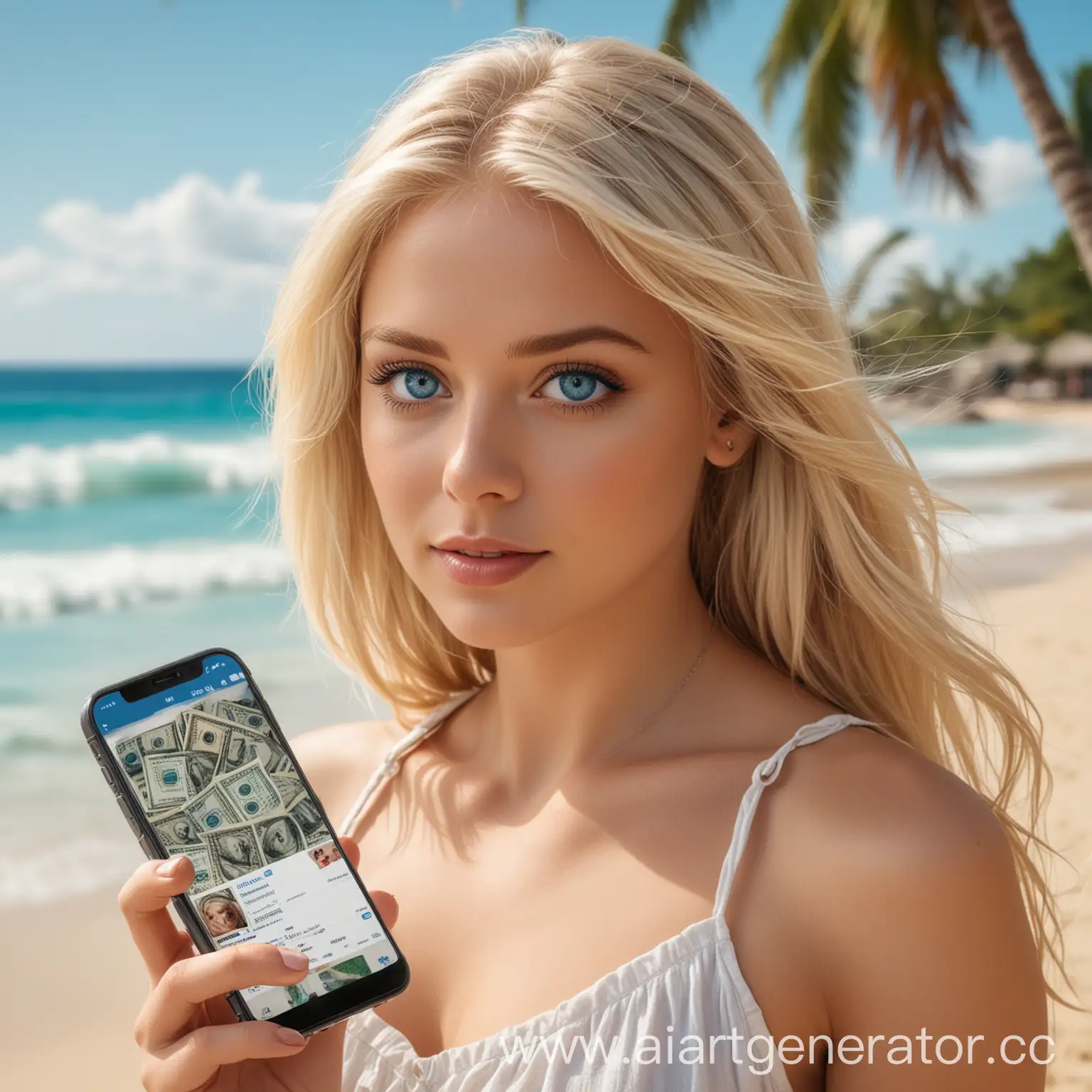Сгенерируй реалистичную картинку на которой изображена красивая, голубоглазая блондинка на фоне тропического пляжа с телефоном в руках из которого вылетает логотип телеграмма за которым летят деньги.