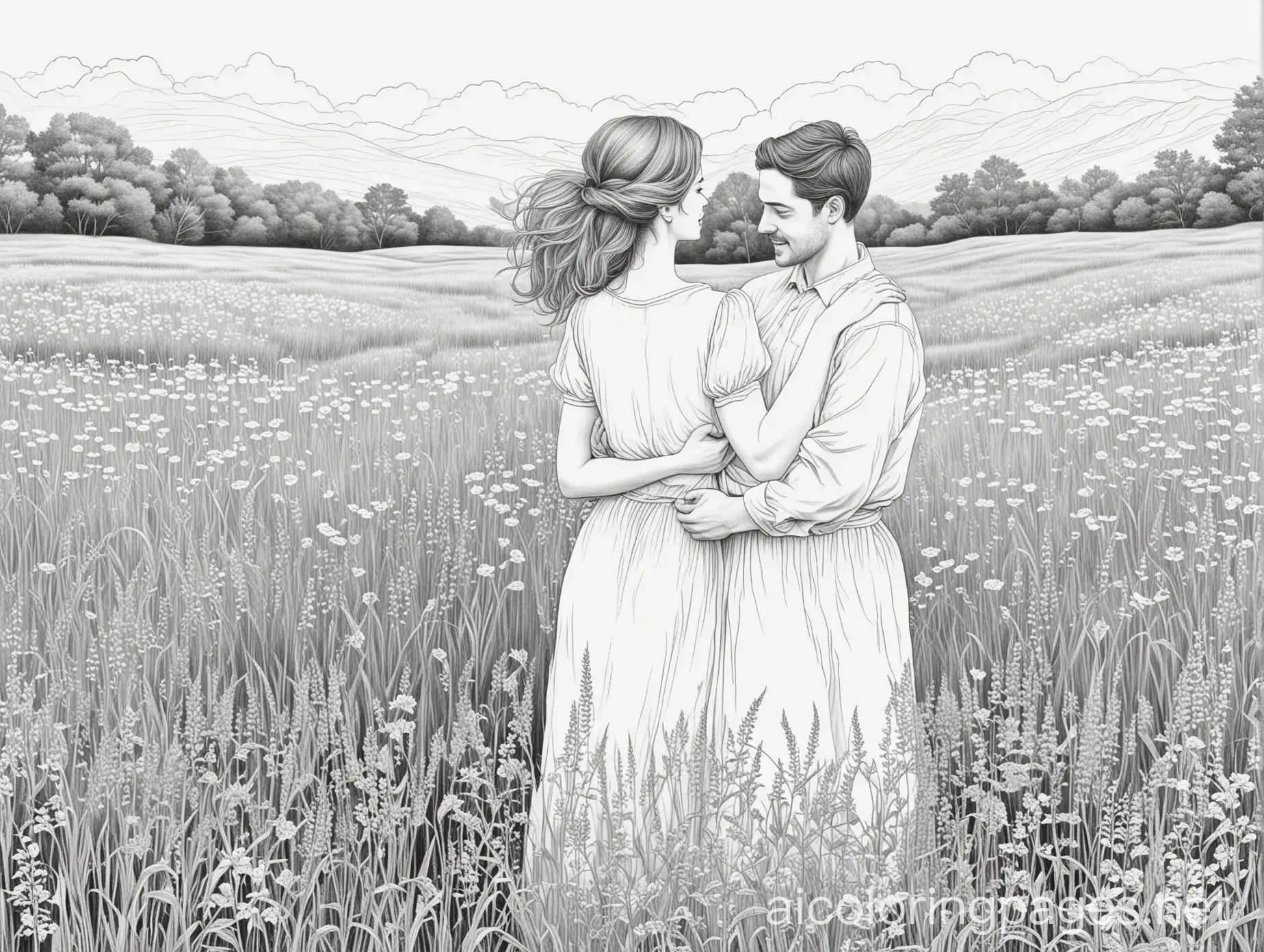 A couple, a man and a woman standing embraced in a field with grasses and flowers, Coloring Page, black and white, line art, white background, Simplicity, Ample White Space. The background of the coloring page is plain white to make it easy for young children to color within the lines. The outlines of all the subjects are easy to distinguish, making it simple for kids to color without too much difficulty