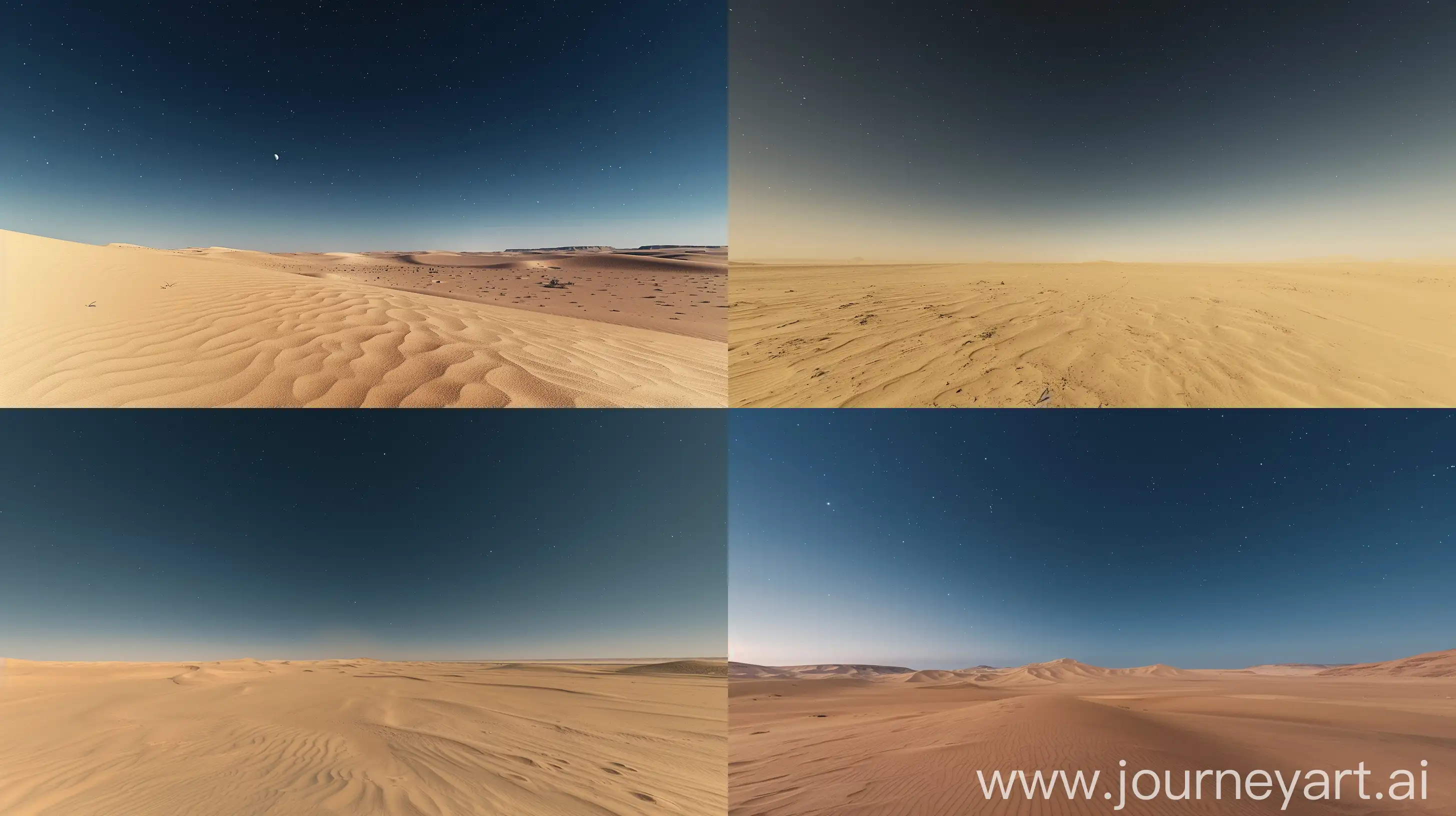 A photographic image of a vast desert, pure sand extending to a clear horizon, night scene, no plants or litter. Clean sky, no bright sun or moon, stars barely visible. Captured with a high-definition camera, low light photography, wide-angle lens, long exposure, minimal noise, deep shadows, serene and tranquil atmosphere --ar 16:9 --v 6.0