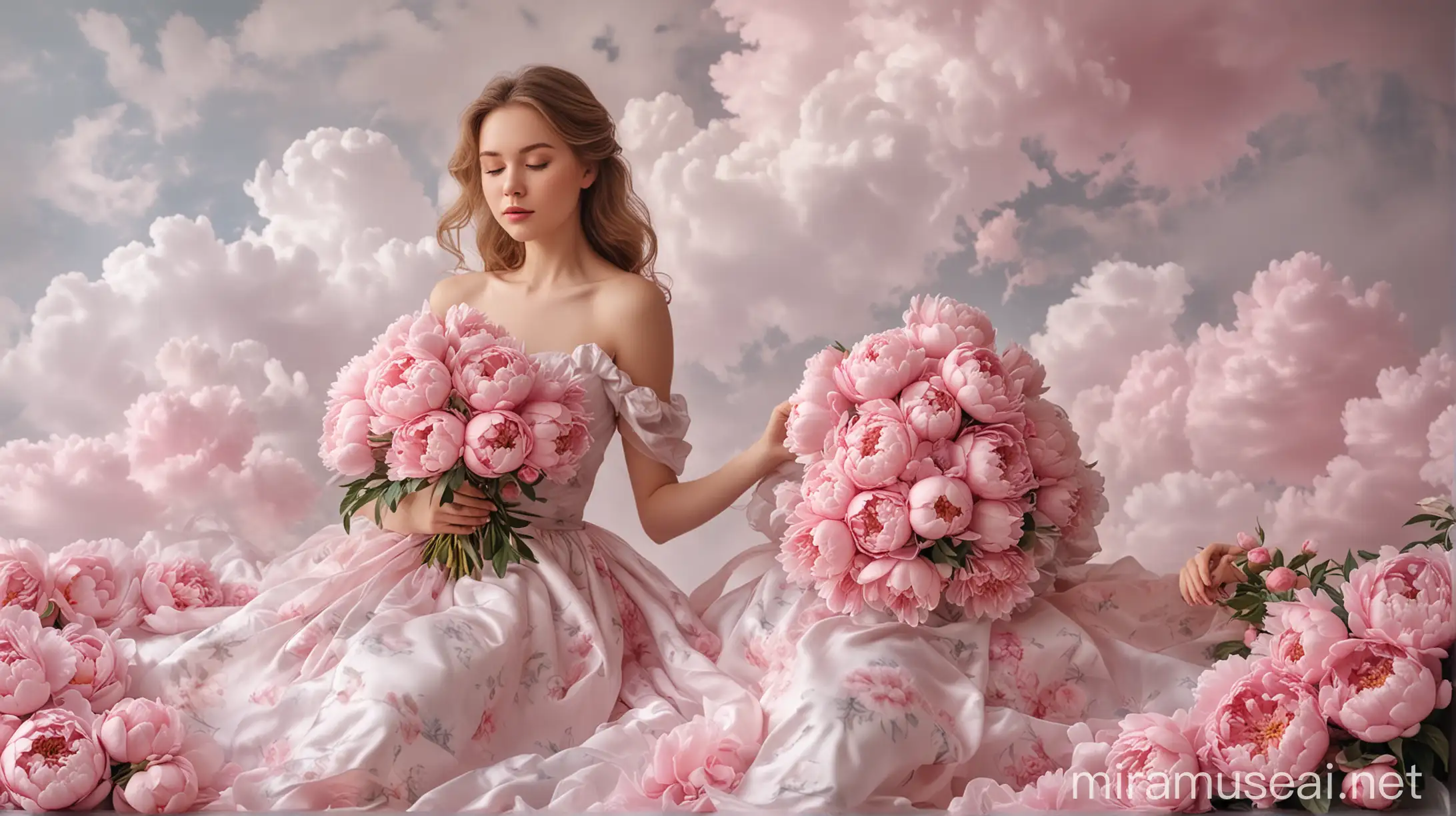 Girl in Peony Dress Holding Bouquet in Heavenly Atmosphere