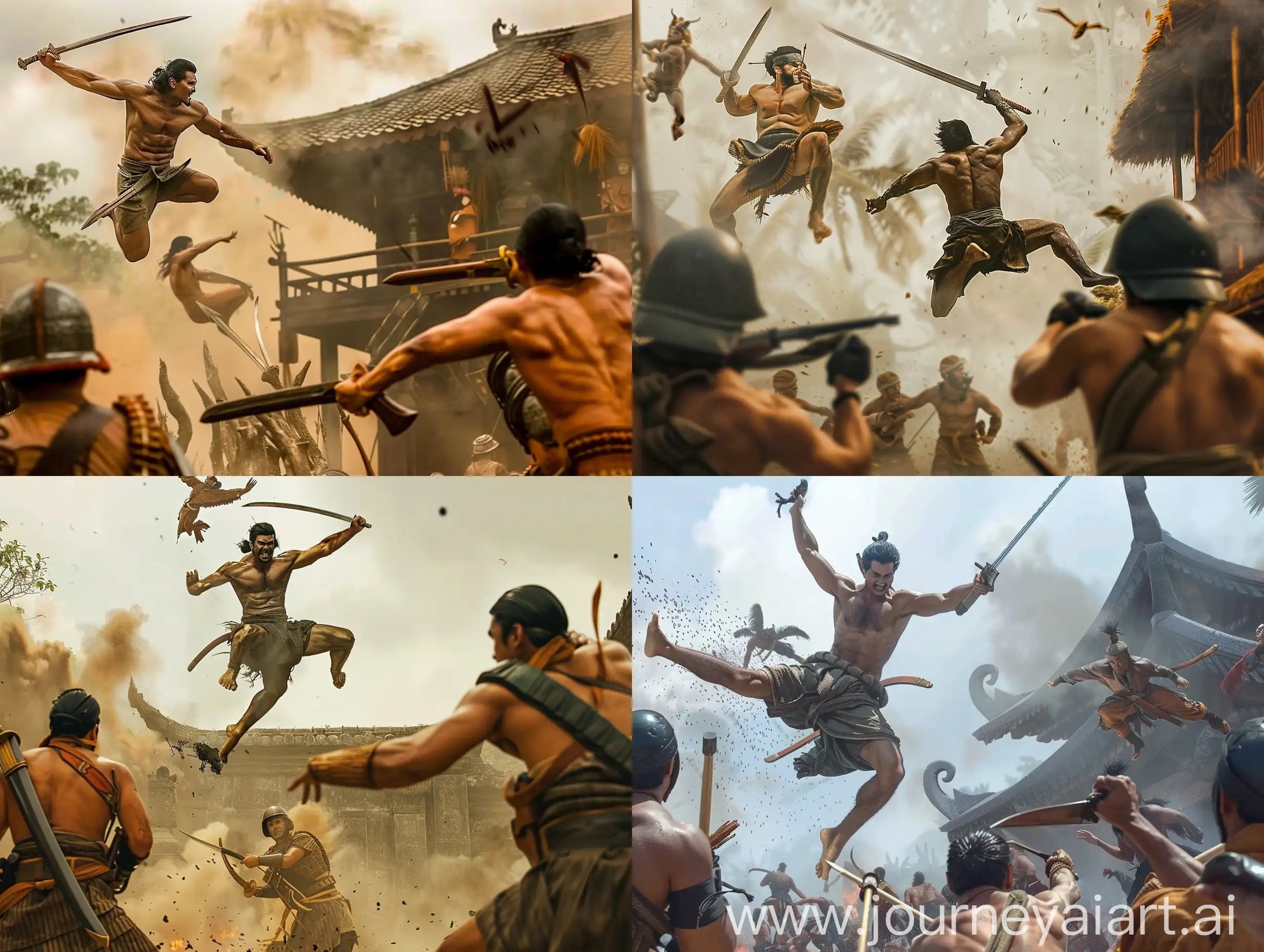 movie scene, in a battle in the Majapahit kingdom, a man jumps high holding a sword, and a soldier prepares to shoot him