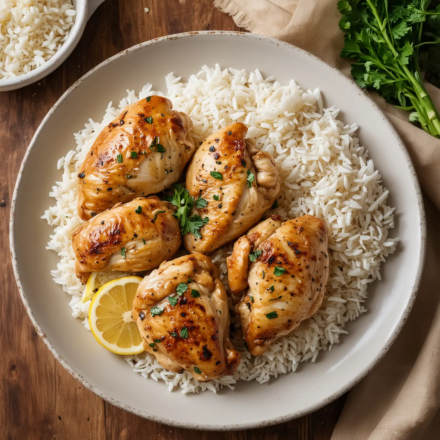 Lemon Garlic Chicken in a plate, with boiled rice