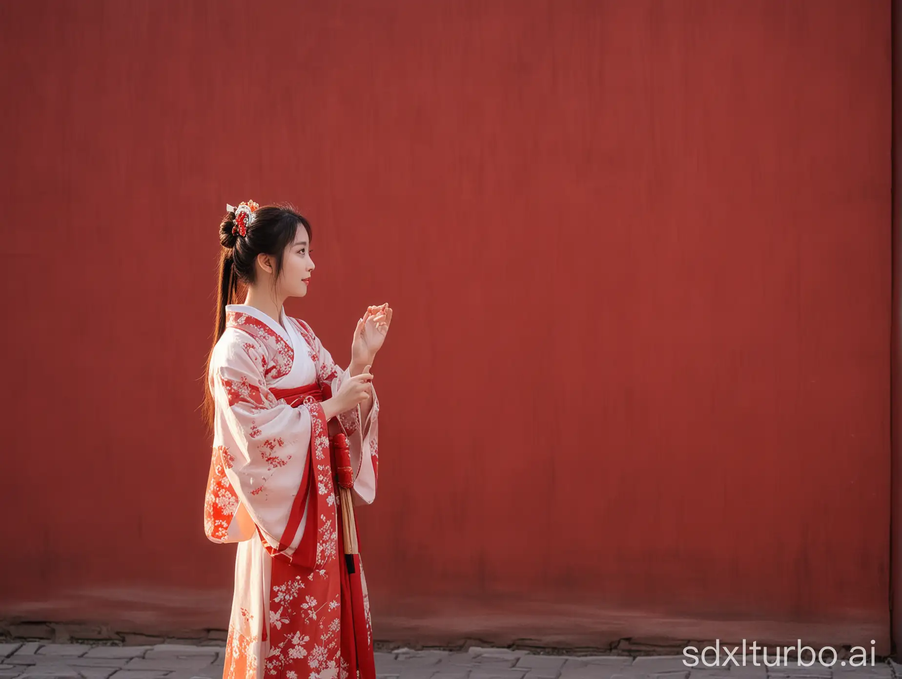 A young lady in Hanfu is taking photos in front of a red wall as the evening sun sets.