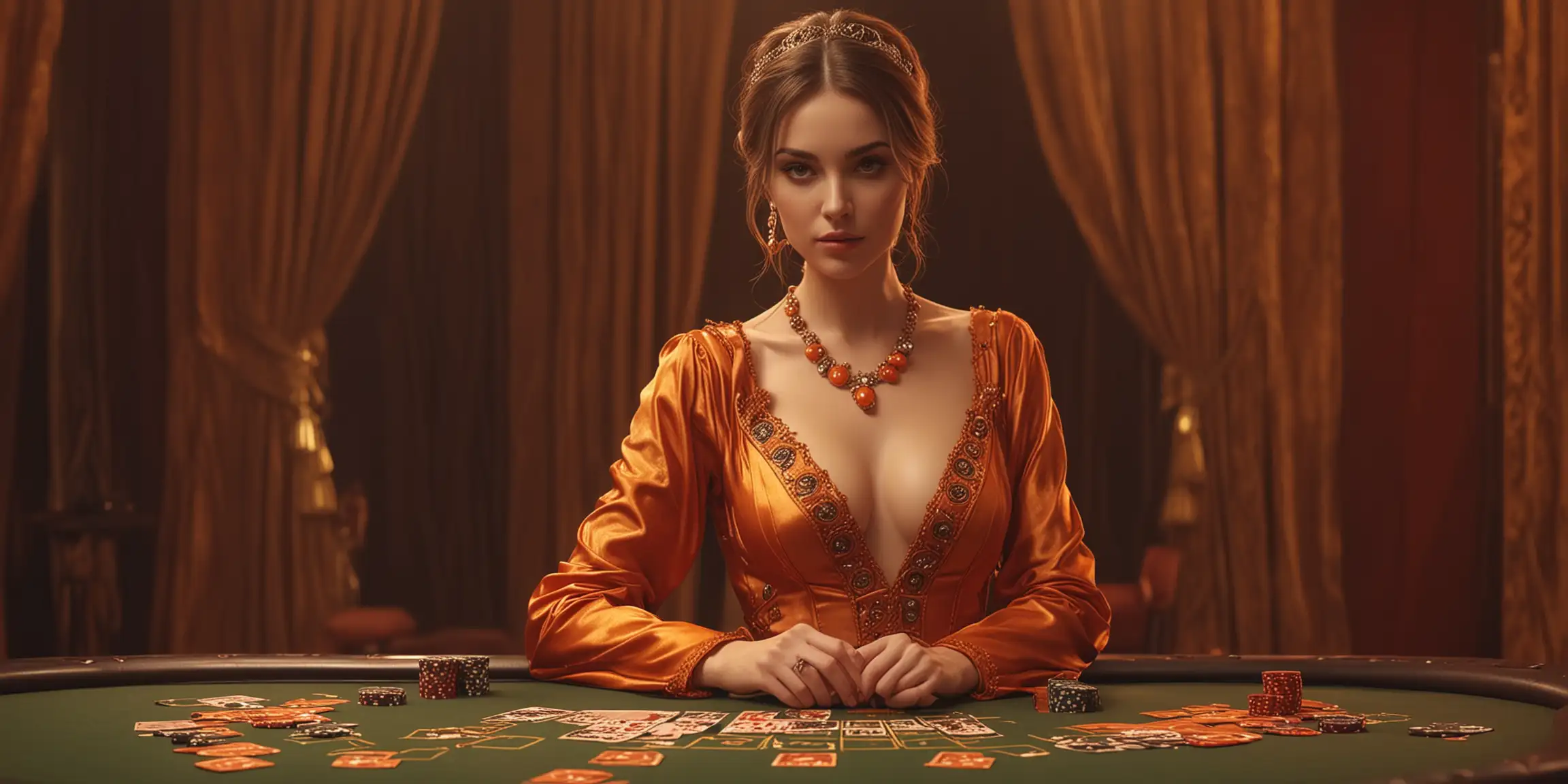 穿着礼服的漂亮女生，橙色调，扑克牌元素装饰，氛围感背景，融入一些科技感风格，特效，超真实，4K高清