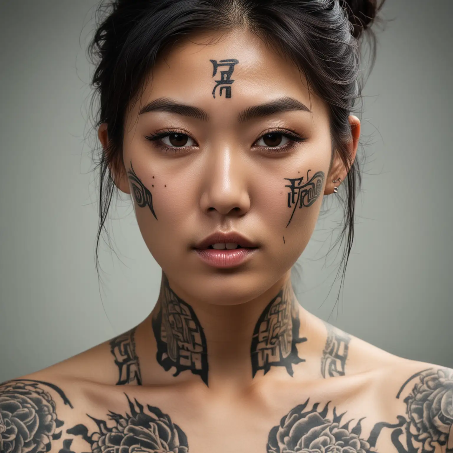 Korean Woman with Bold Face Tattoos Exhibiting Fierce Expression