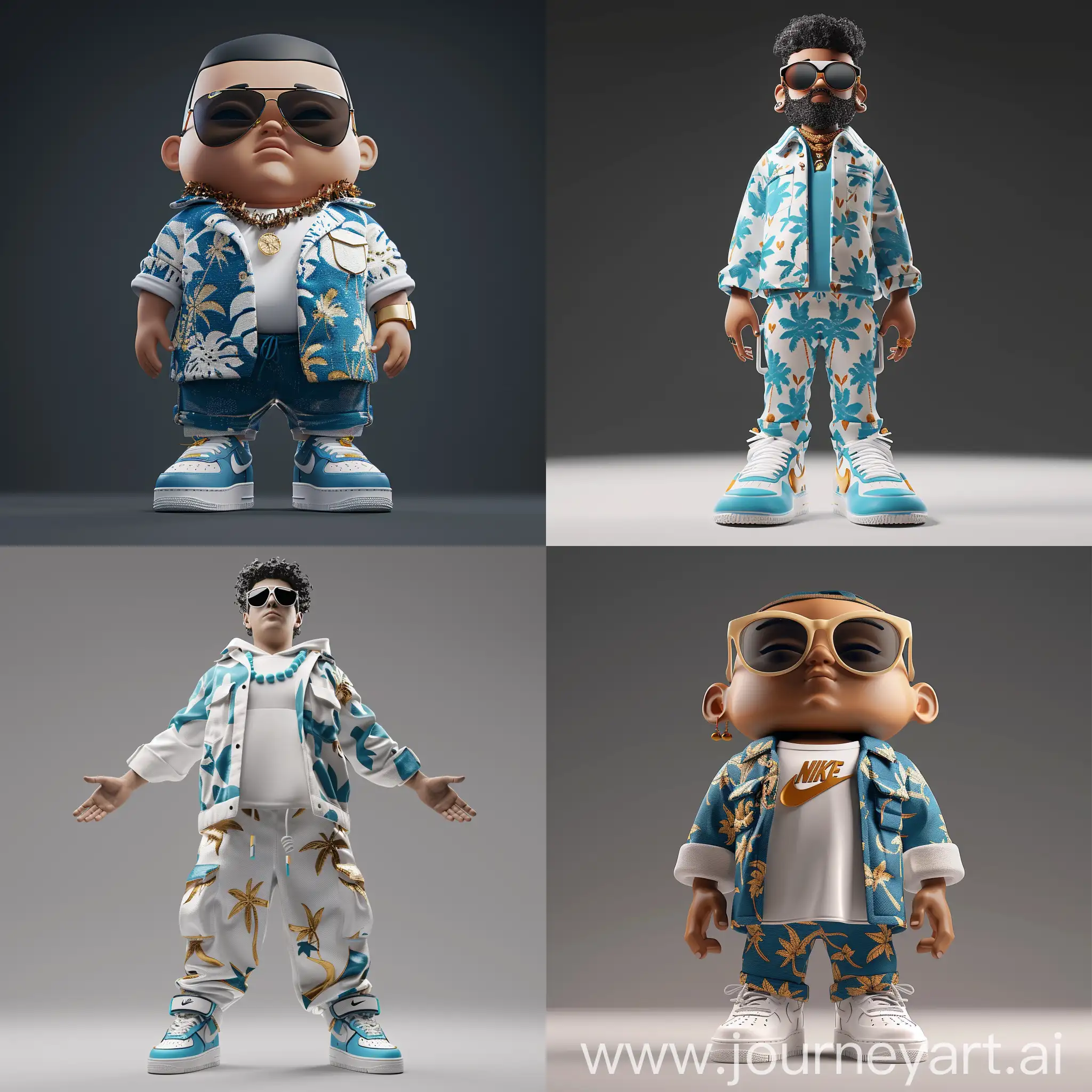3d rendering full body character in white place, man wearing hawaii clothes and sunglasses and Nike airforce 1 (Blue, white, gold clothes details), Minimalism style, Simple black background Playful body language style --s 200 --v 6.0