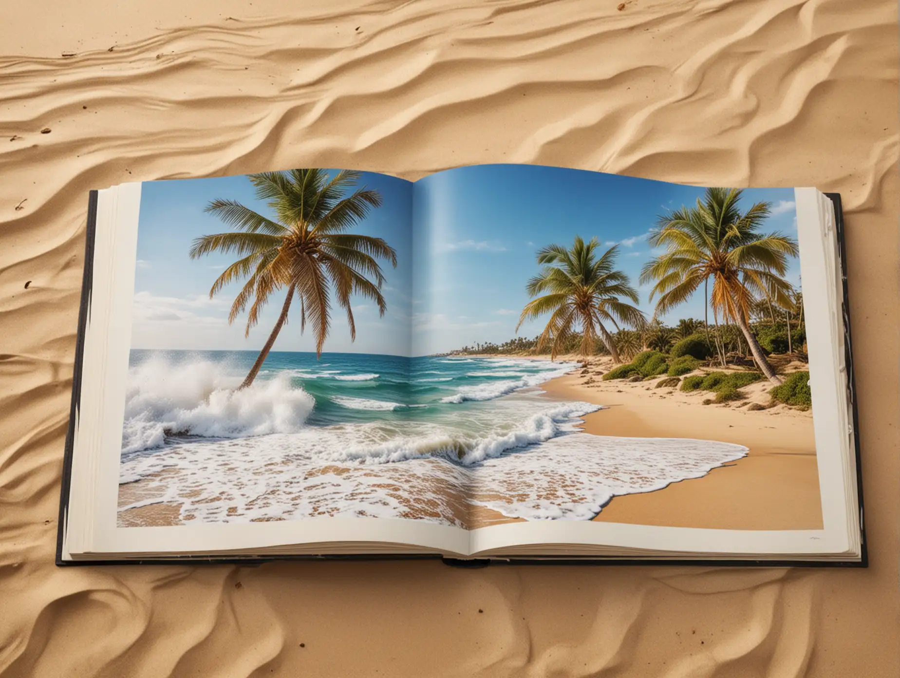 beach, palm trees, waves, sea, on the sand a large spread book