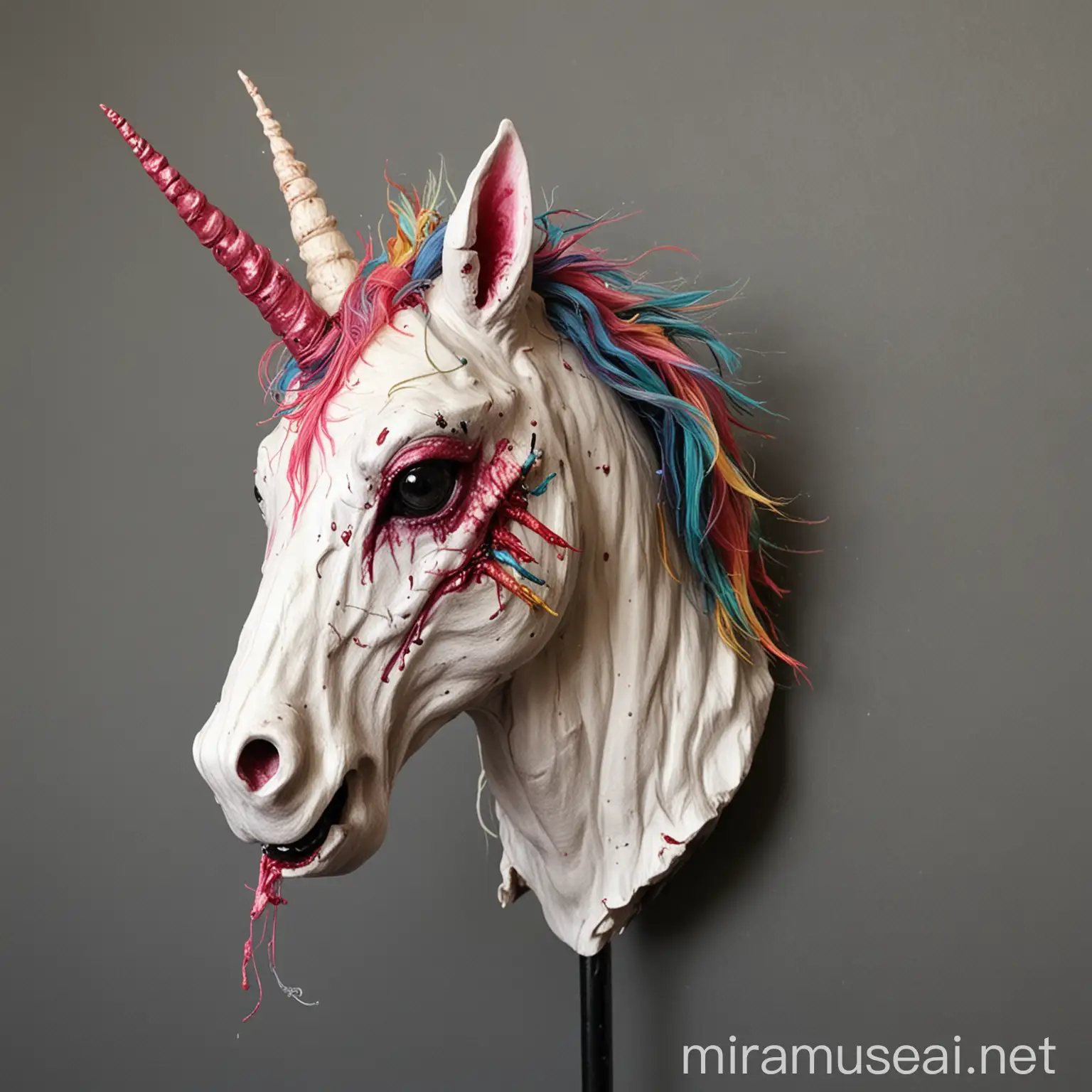 Eerie Severed Unicorn Head Dark Fantasy Artwork Depicting Macabre Beauty