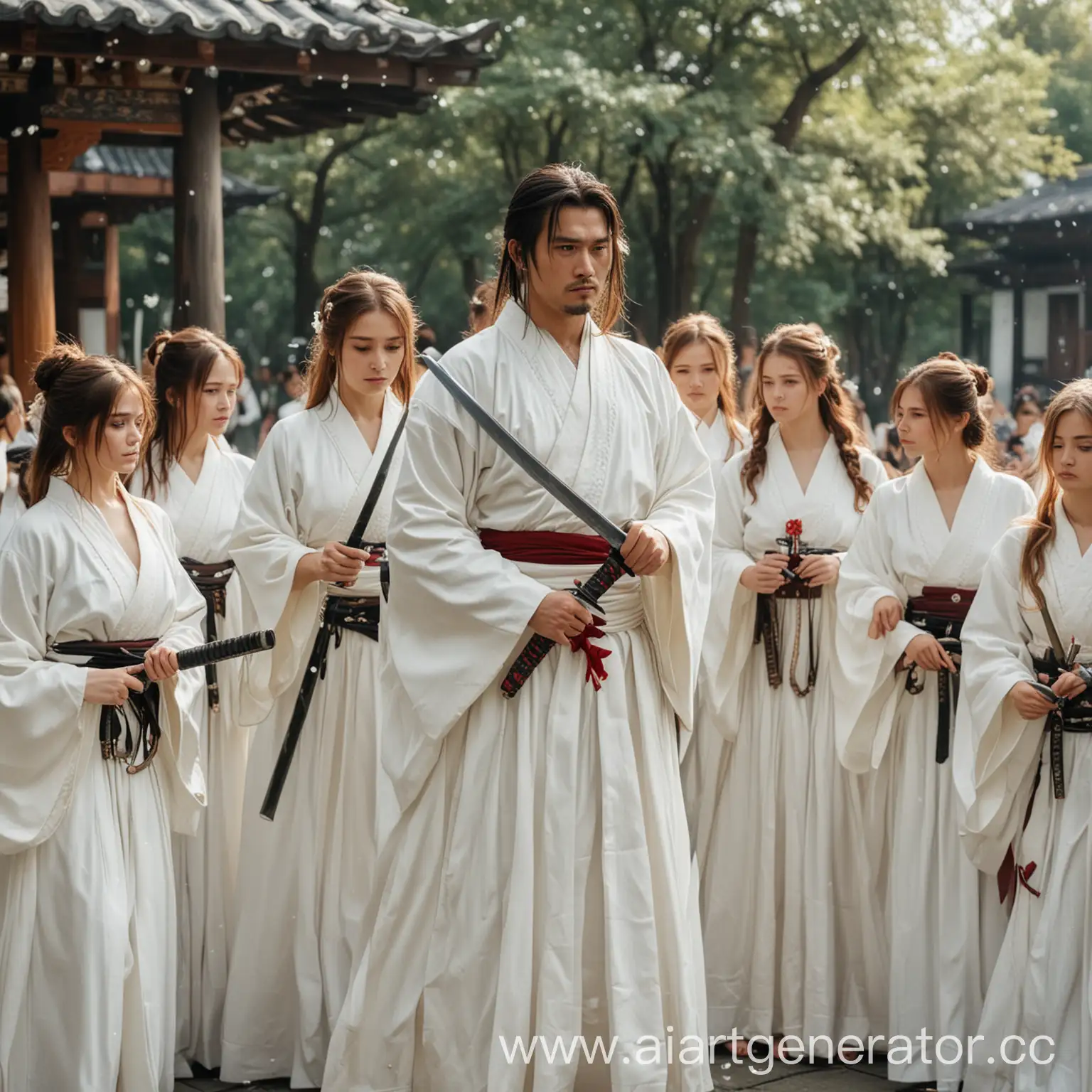 Many girls in white wedding dresses with samurai swords in their hands protect a man.