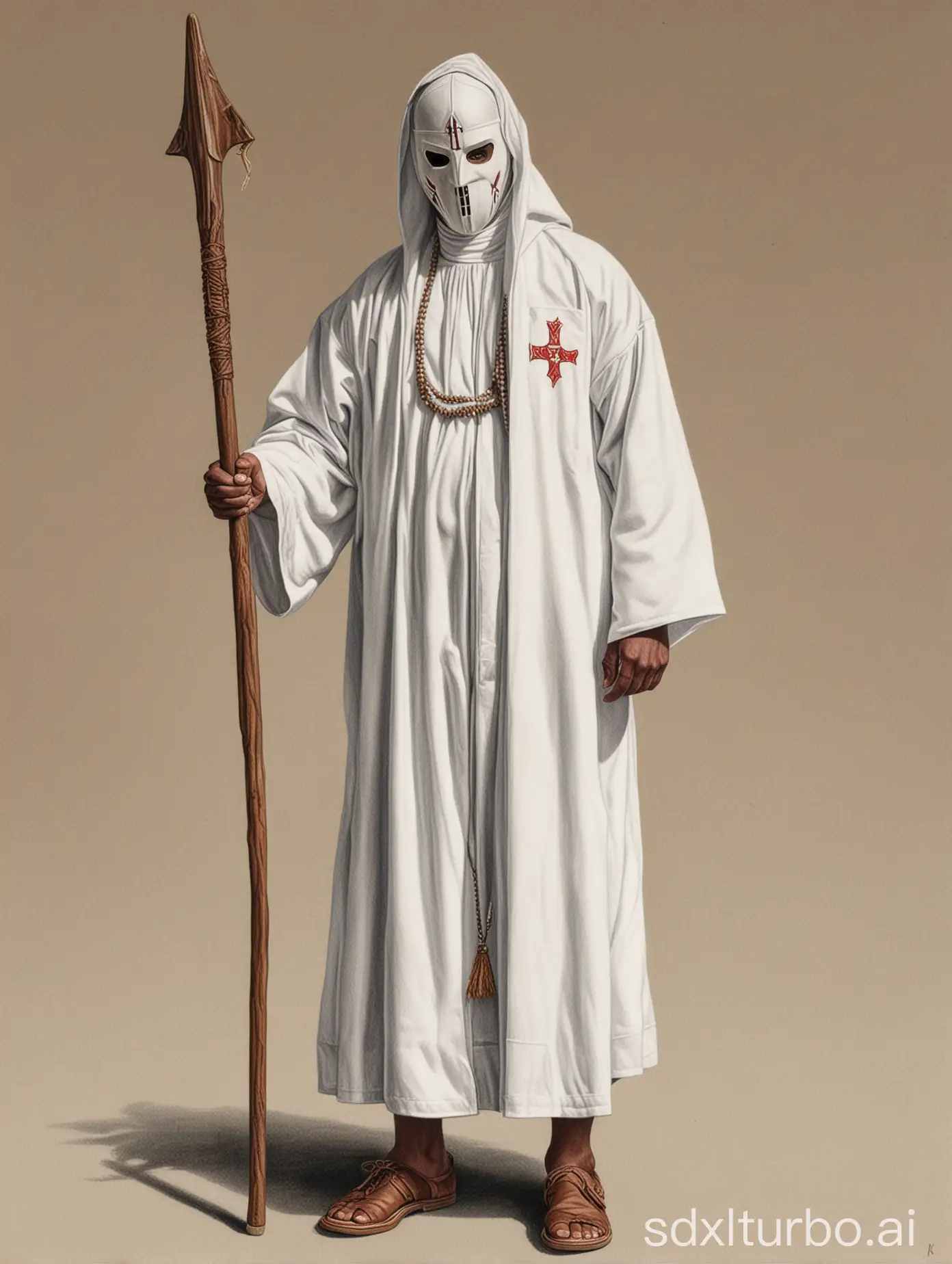 Colored pencil drawing, it depicts a Ku Klux Klan member dressed in a white robe and with a mask, full body