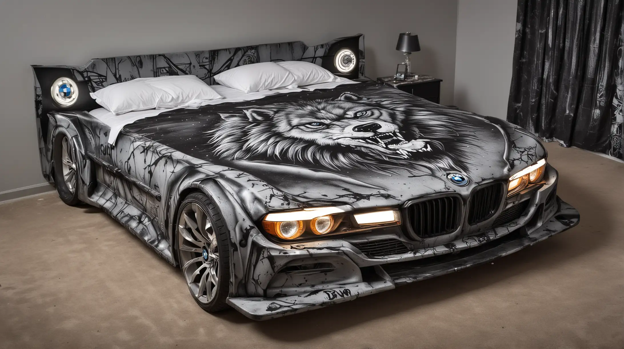 Double bed in the shape of a BMW car with headlights on with evil wolf graphitti