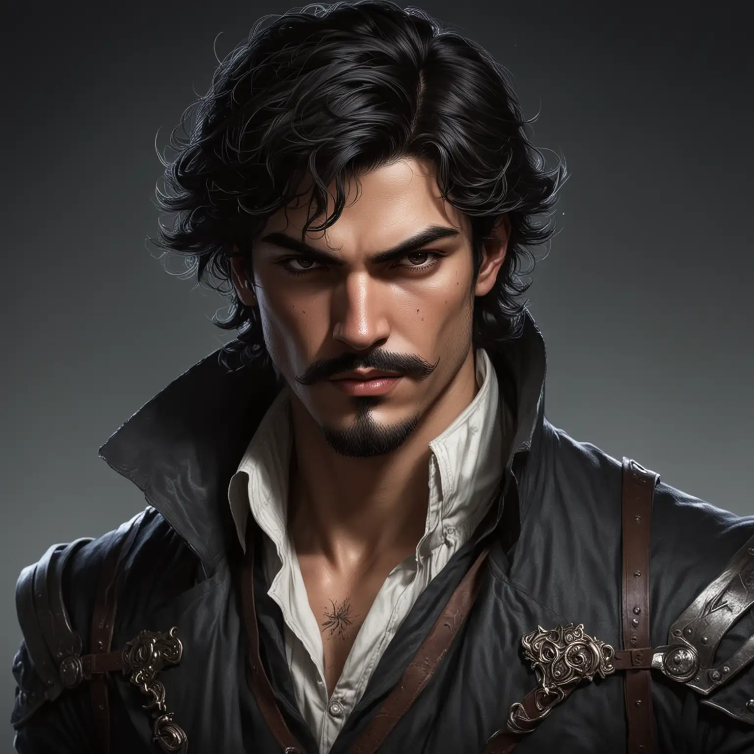 Male Fantasy rogue, he is intimidating, black hair, curled mustache, artwork