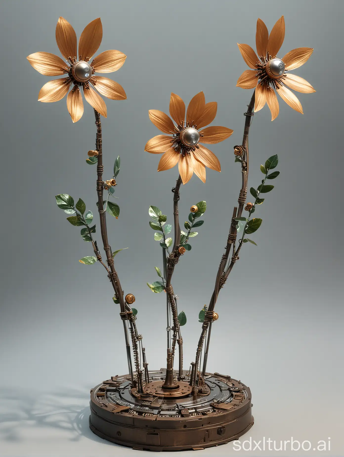 Three metal mechanical flowers grow on a base, with three flowers spiraling in height, two of which are buds, and the tallest one has transparent petals with circuit textures on them.