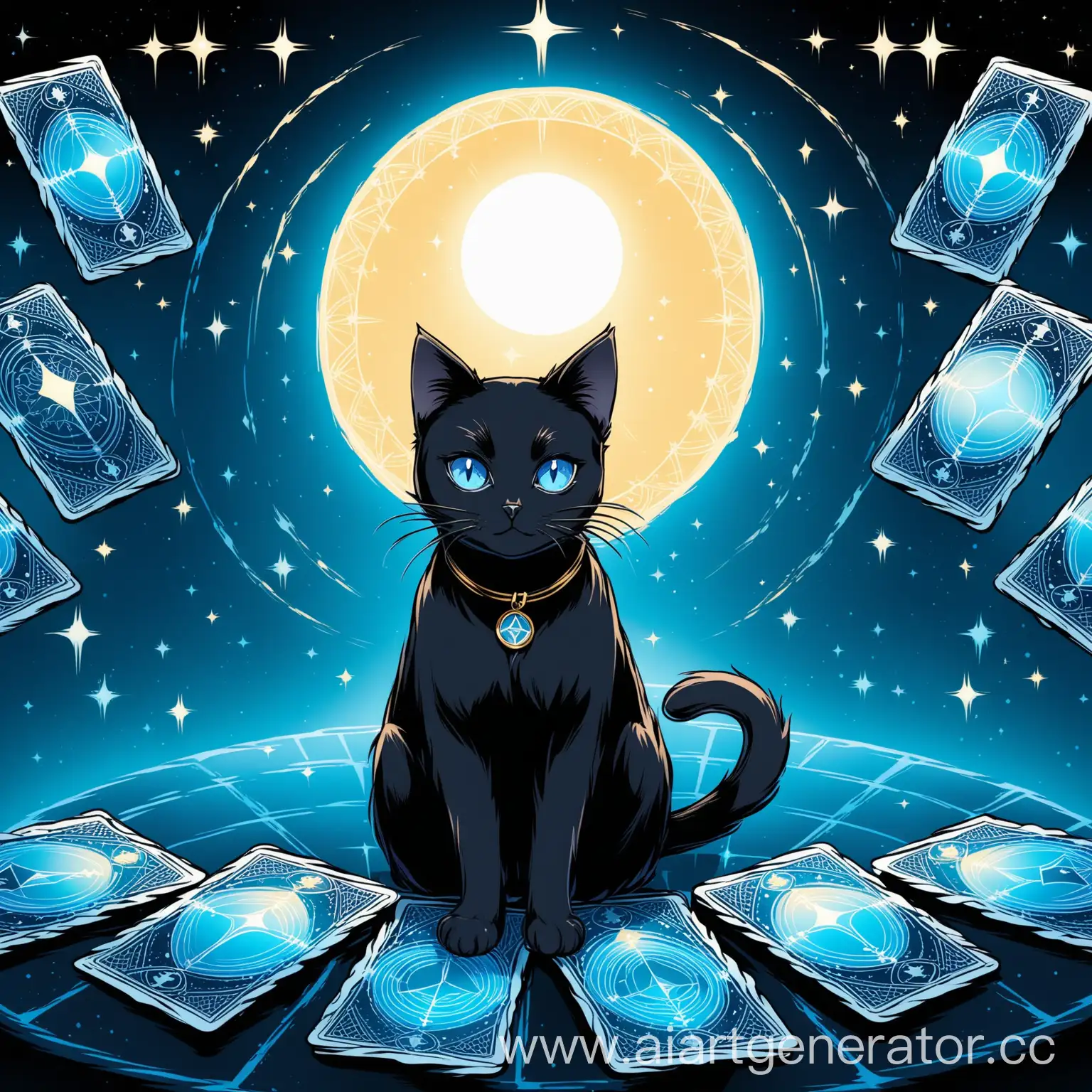 Mysterious-Black-Cat-with-Blue-Eyes-Among-Tarot-Cards