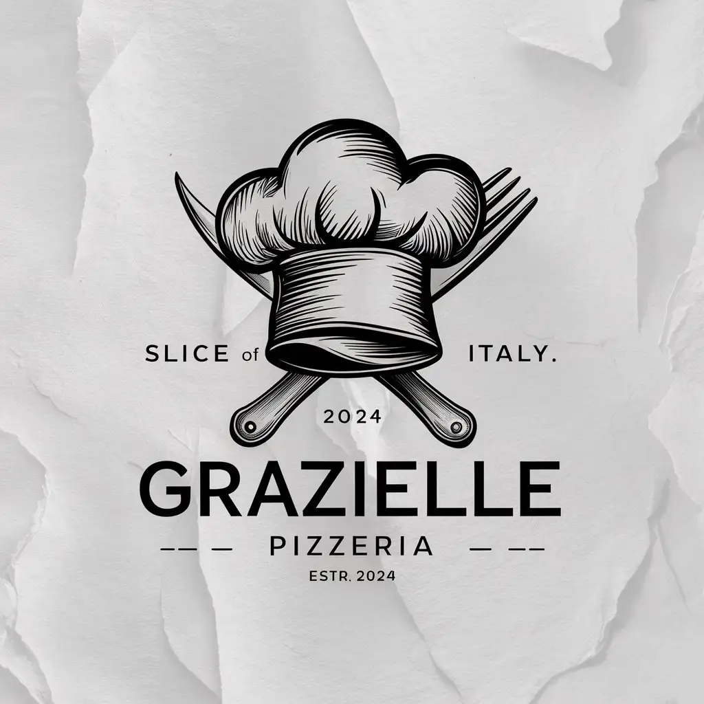 GRAZIELLA Pizzeria logo, Italian colors, Crossed knife and fork, Sketched Chef's Hat, Slogan, Slice of Italy, EST 2024, White background, Restaurant logo