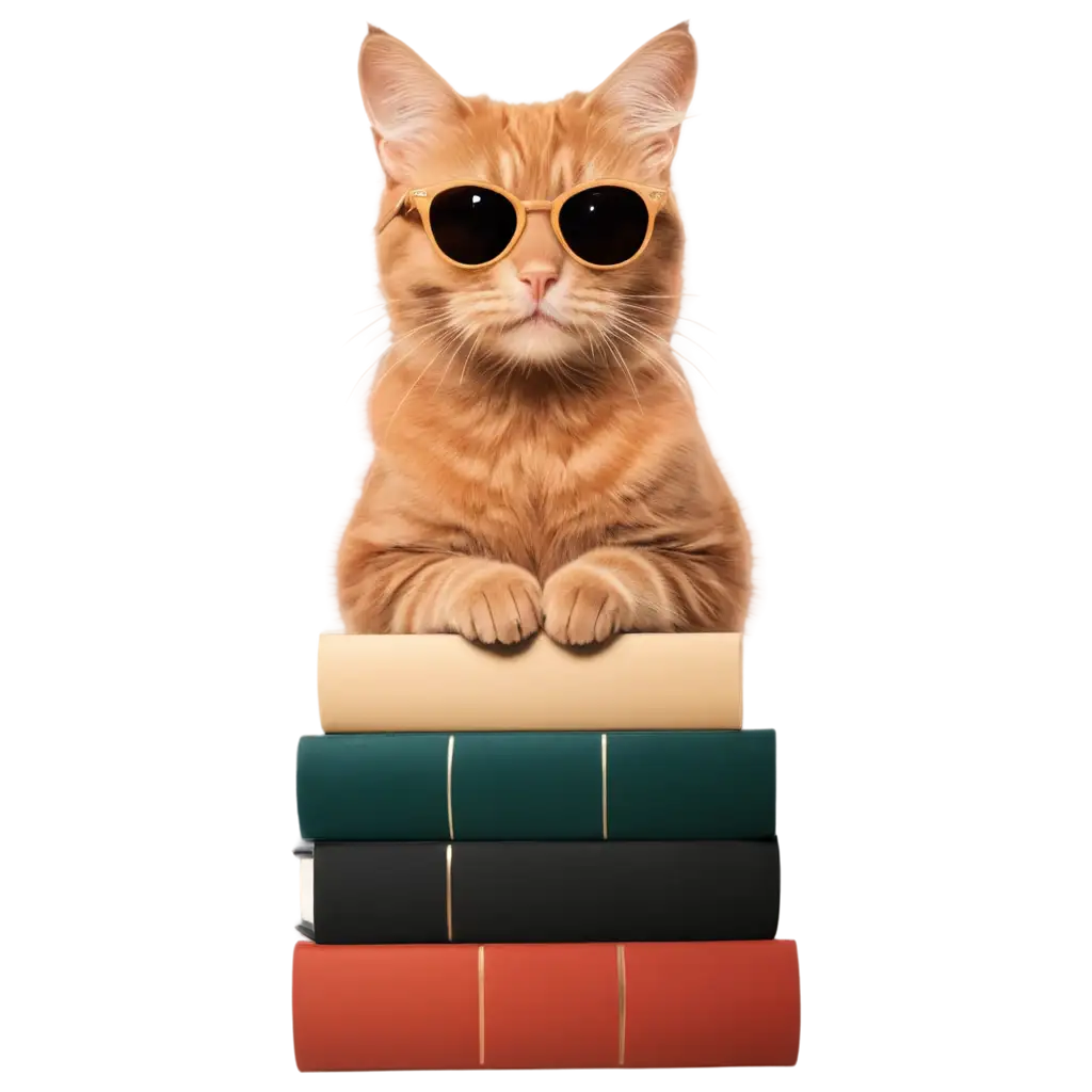 Minimalist-Design-Cat-Wearing-Sunglasses-Sitting-on-Top-of-a-Stack-of-Books-PNG-Image