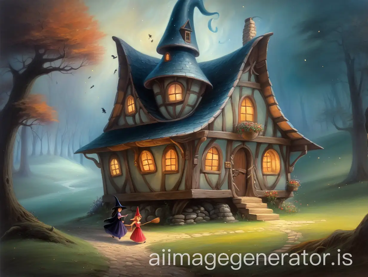 Fairy tale, oil painting style, mysterious little house, princess, witch, battle