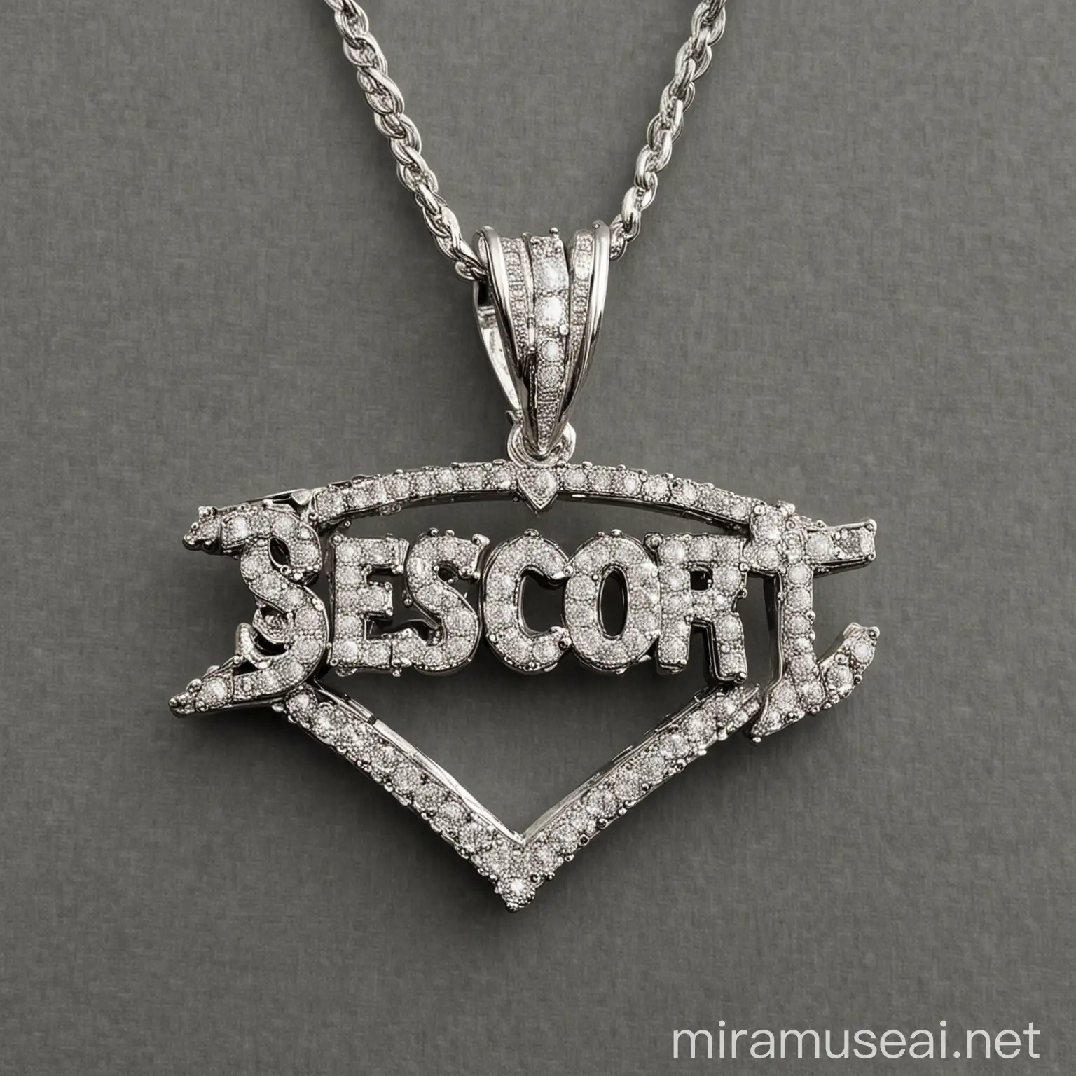 Generate a silver diamond iced out pendant with the word ESCORT