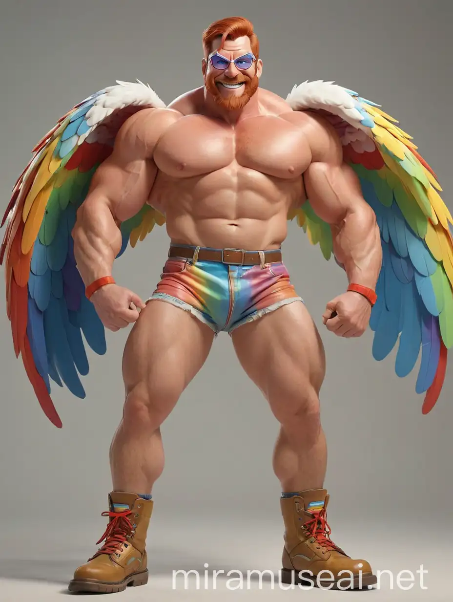 Muscular 40s Bodybuilder Flexing in Colorful Eagle Wings Jacket and Doraemon Goggles