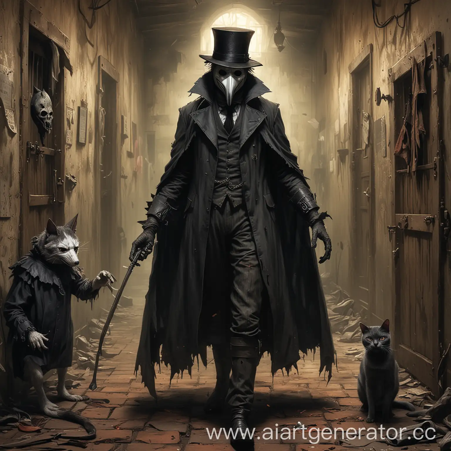 Plague-Doctor-Joker-and-Cat-in-a-Madhouse-Scene