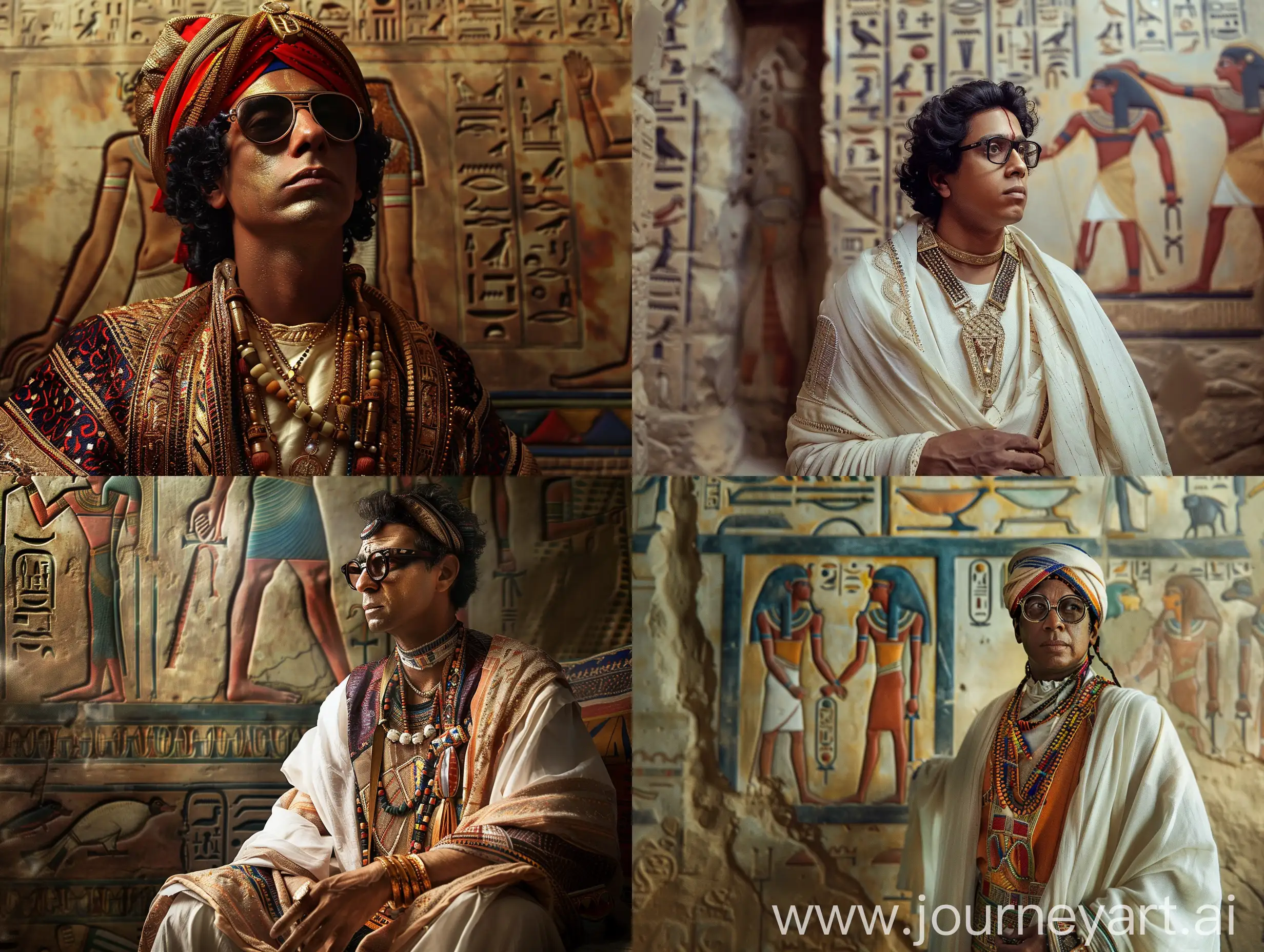 Subject - Realistic photo of raj Thackeray during Ancient Egypt, dressed in traditional ancient Egyptian attire Style - Hyper-Realistic Historical Photography: Emulating lifelike details and authenticity of an ancient Egyptian setting Setting - An authentic Ancient Egyptian background, capturing the essence of historical Egypt Composition - Featuring raj Thackeray adorned in traditional ancient Egyptian clothing, reflecting the attire of the era Camera Model - Utilizing a professional-grade camera known for its ability to capture fine details and realism, such as the Canon EOS R5, to convey lifelike and detailed imagery Additional Info - The image aims to depict raj Thackeray realistically in Ancient Egypt, emphasizing authenticity in attire, setting, and the ambiance of historical Egypt, merging realism with the historical context of Ancient Egyptian civilization
