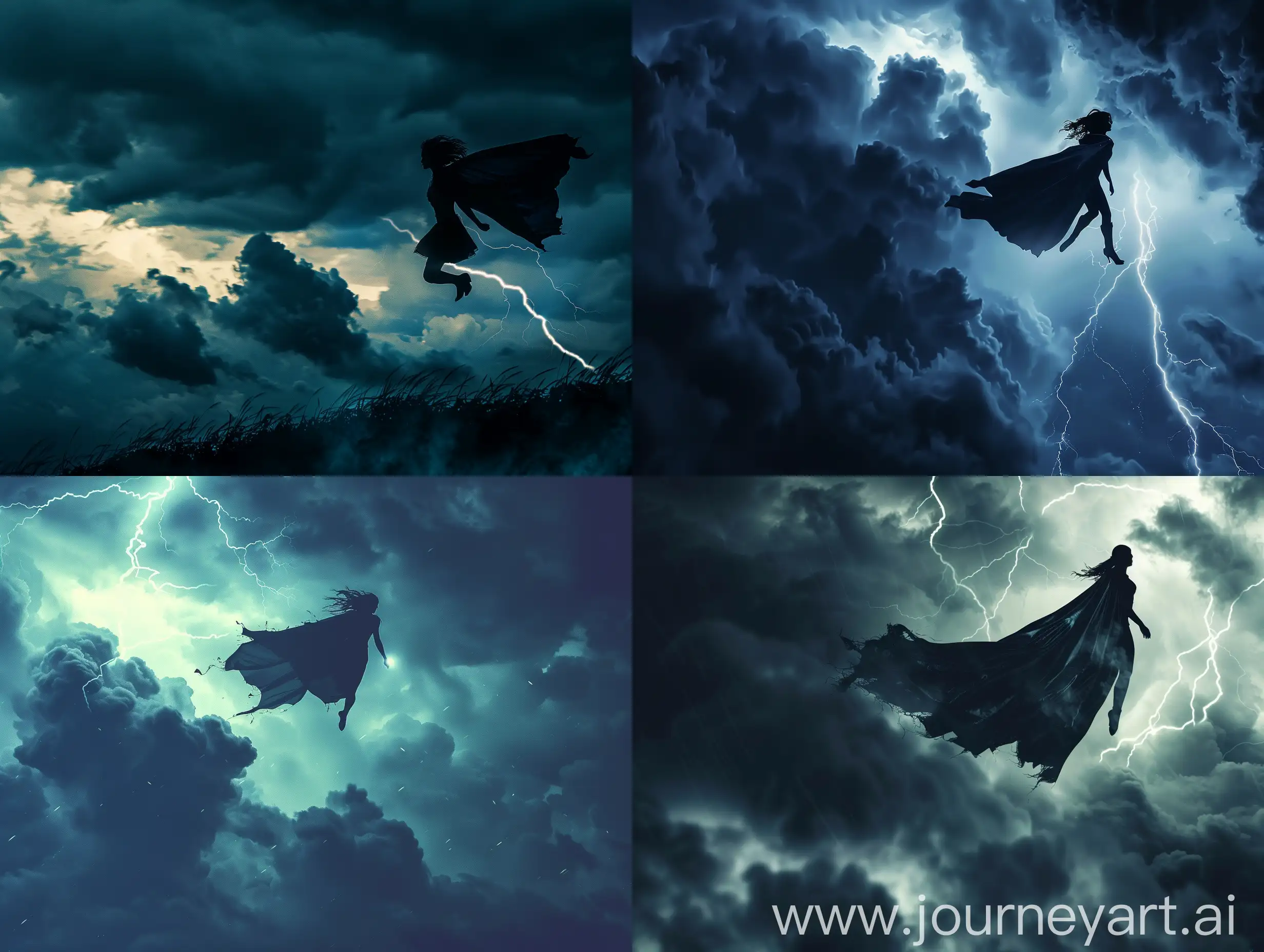 Silhouette-of-Flying-Caped-Woman-in-Dramatic-Night-Sky