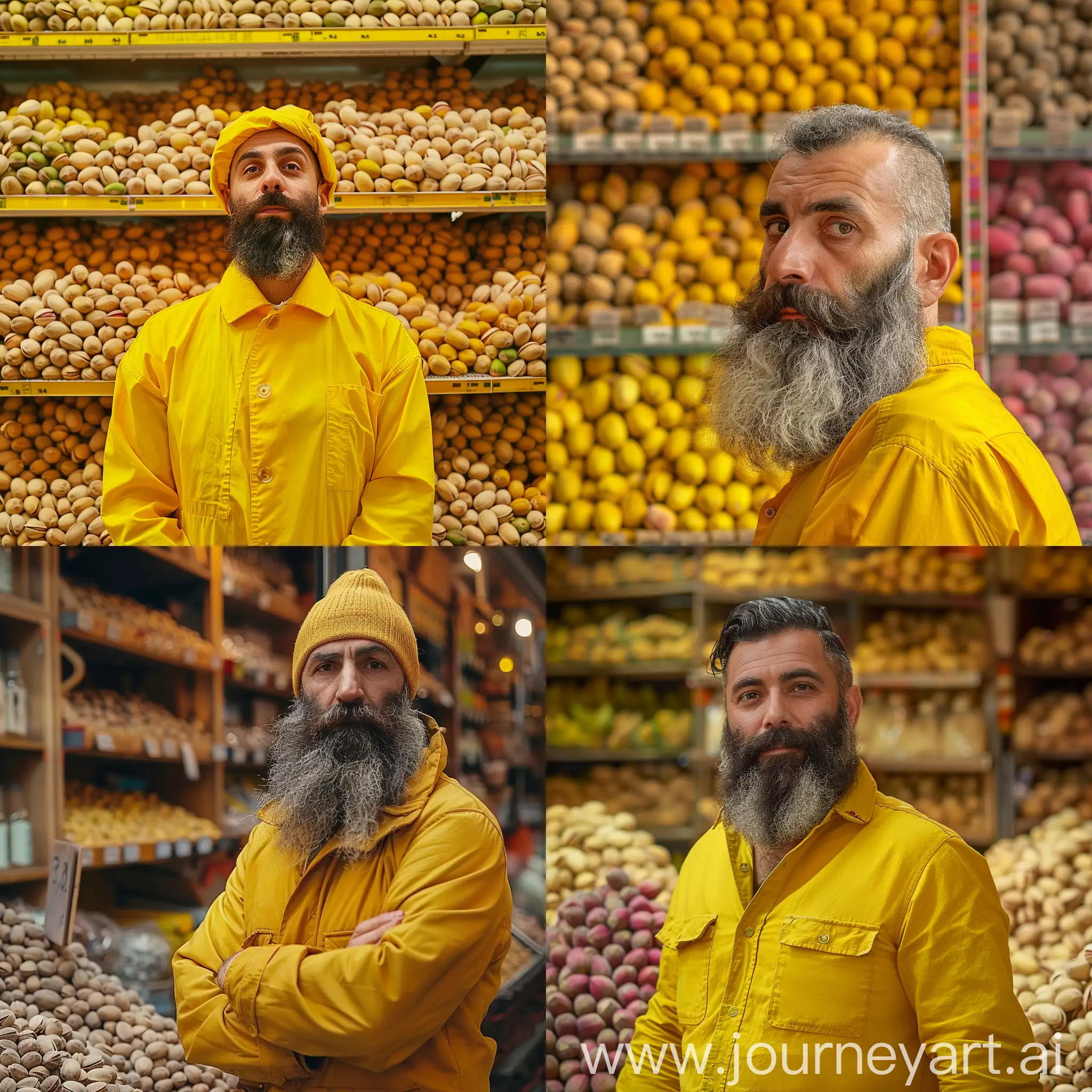 Bearded man in yellow against the background of styles in a store with an army of pistachios