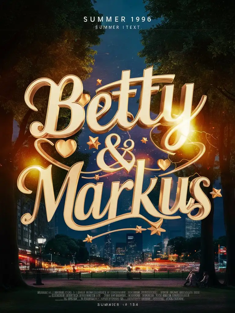 eine reine TEXT Darstellung: Betty + Markus in Summer 1996, hearts, stars, light, park, trees, streets, city, night, no persons, no humans, no animals, cinematic, ultrarealistic, realism, 3D text, 