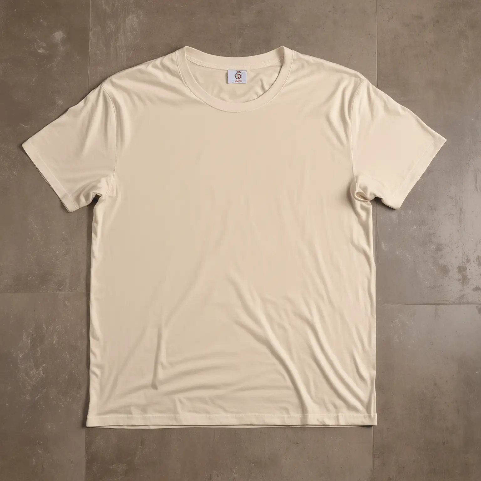 HYPER REALISTIC ironed simmetrical proportional 100% cotton bella canvas 3001 natural tshirt no wrinkles, lied on floor seen from above with solid contrasting background floor