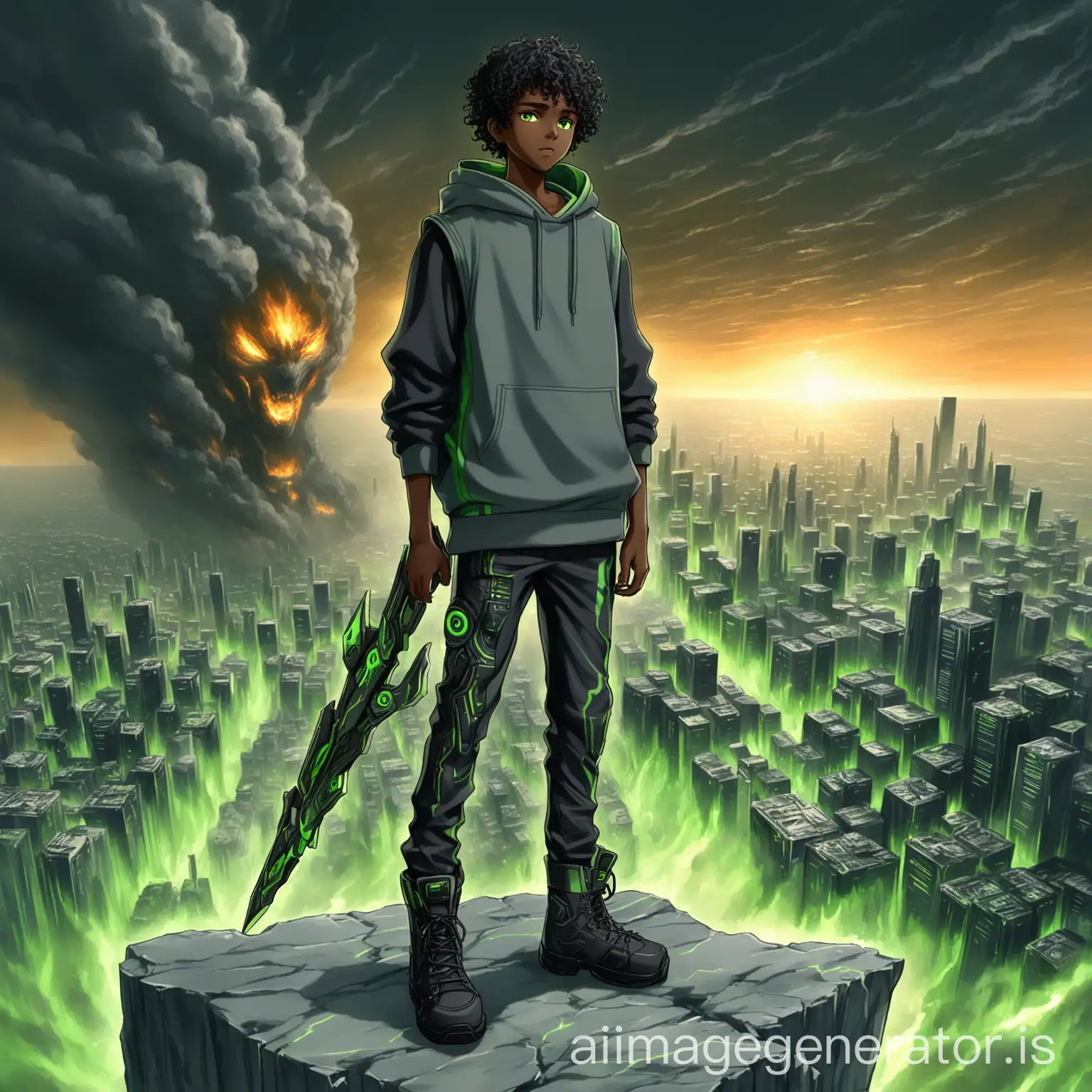 Futuristic-African-Teen-Warrior-Stands-on-Cliff-Amid-Burning-City