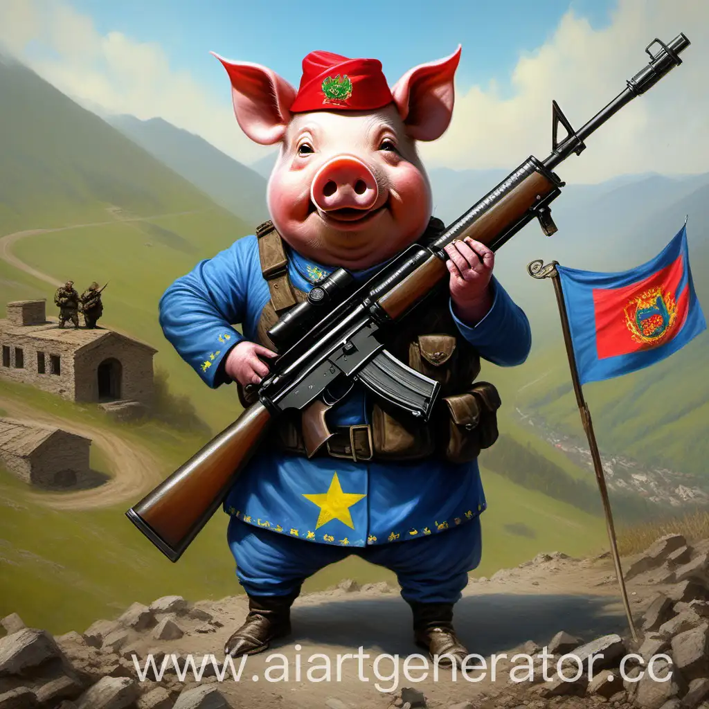 Armed-Pig-in-Novorossiya-Flag-Costume-in-Dagestan