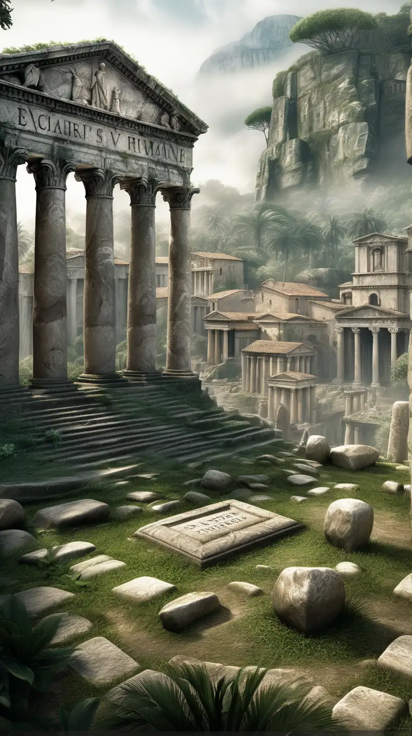  The Enigmatic City of Caesar:
Prompt: A photorealistic image of the lost City of Caesar, shrouded in mist with ancient Roman architecture peeking through. Lush jungle vegetation slowly reclaims the buildings. In the foreground, a weathered stone tablet with an inscription in a forgotten language rests against a fallen column.  -v 4 (specify version 4 for a more photorealistic style)