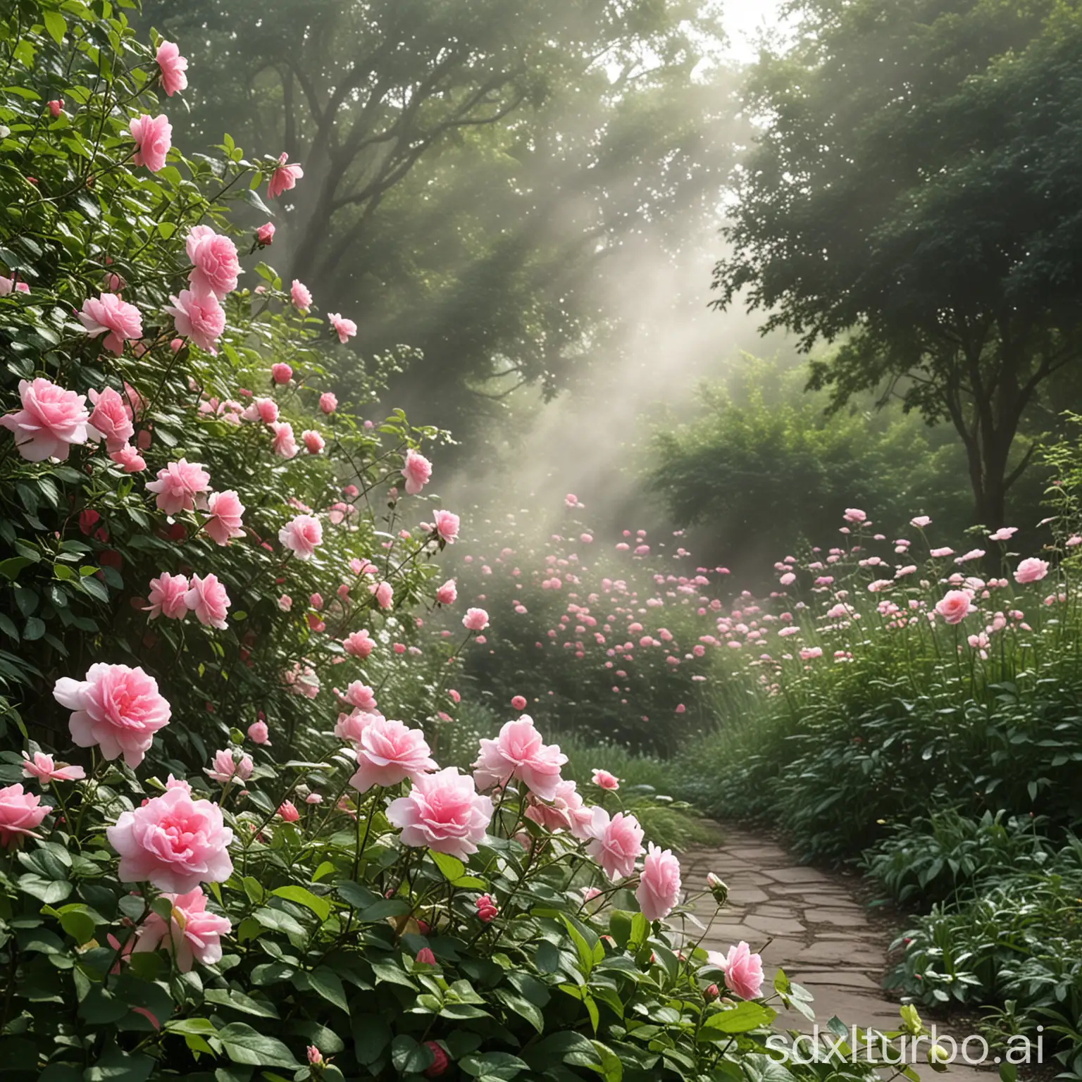 Vivid rosewater mists envelop the garden air, delicate