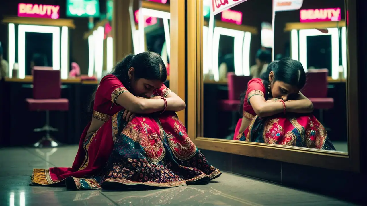 17 years old Indian girl upset sitting on floor, head down, beauty parlor in background, dark scene
