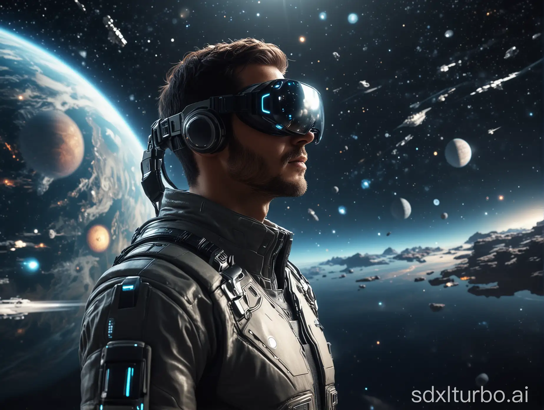  一个男人使用虚拟成像技术，探索宇宙 ，充满科技感 未来感 科幻感 8k画质 现实风格